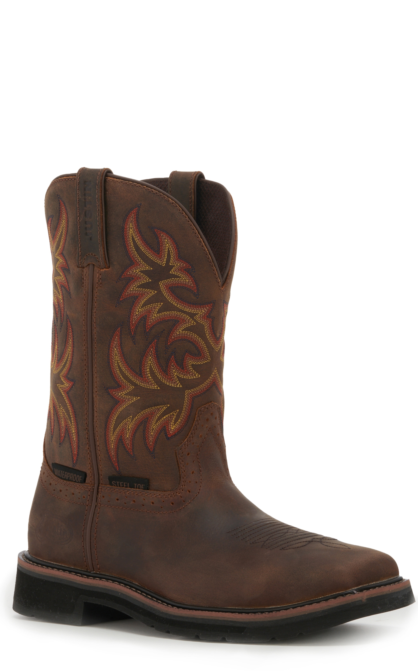 Justin Men's Stampede Driller Dark Brown Waterproof Square Steel Toe Work Boot - Image 1