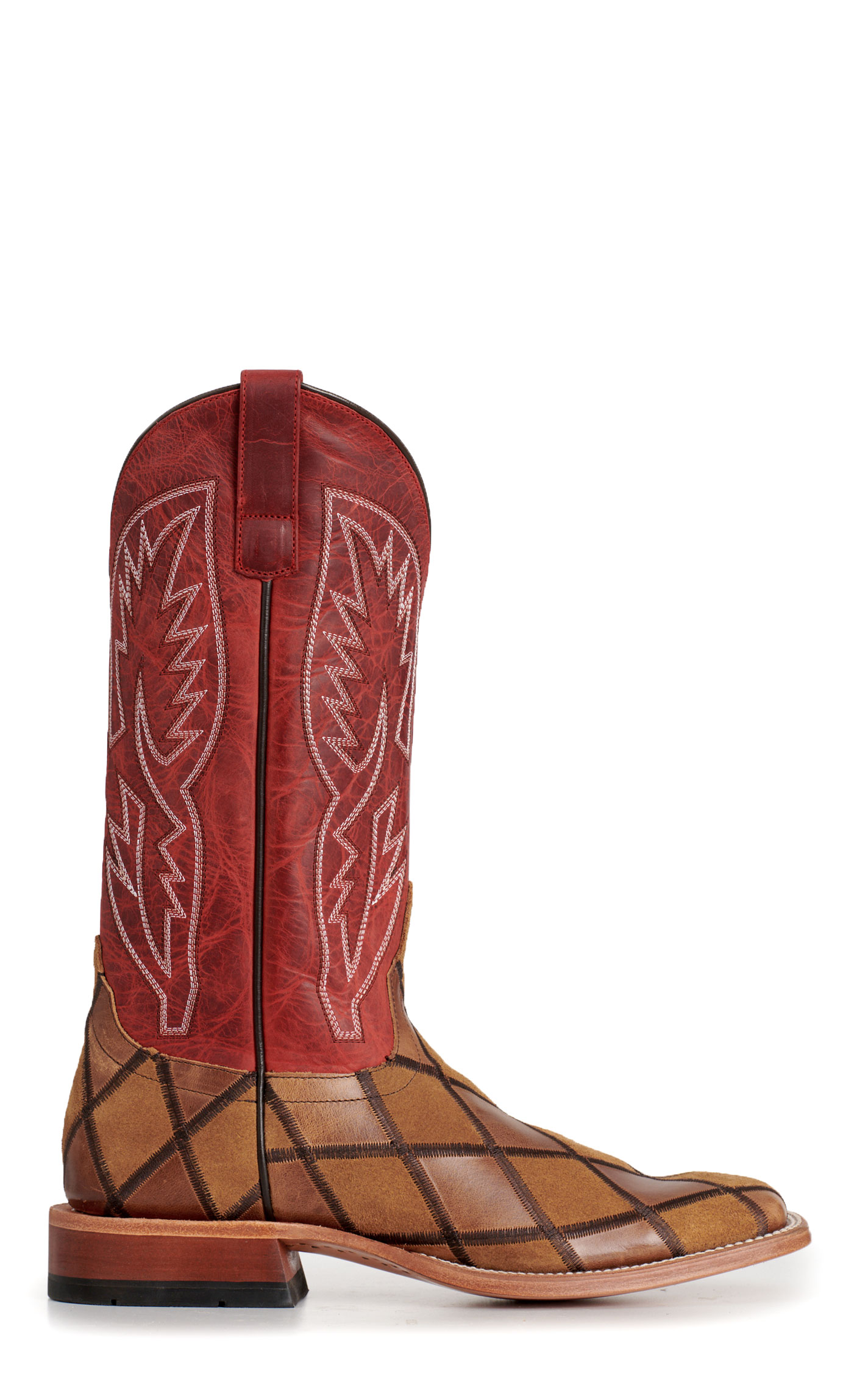 Anderson Bean Men's Horsepower Brown Suede Patchwork & Red Square Toe Cowboy Boots - Image 1