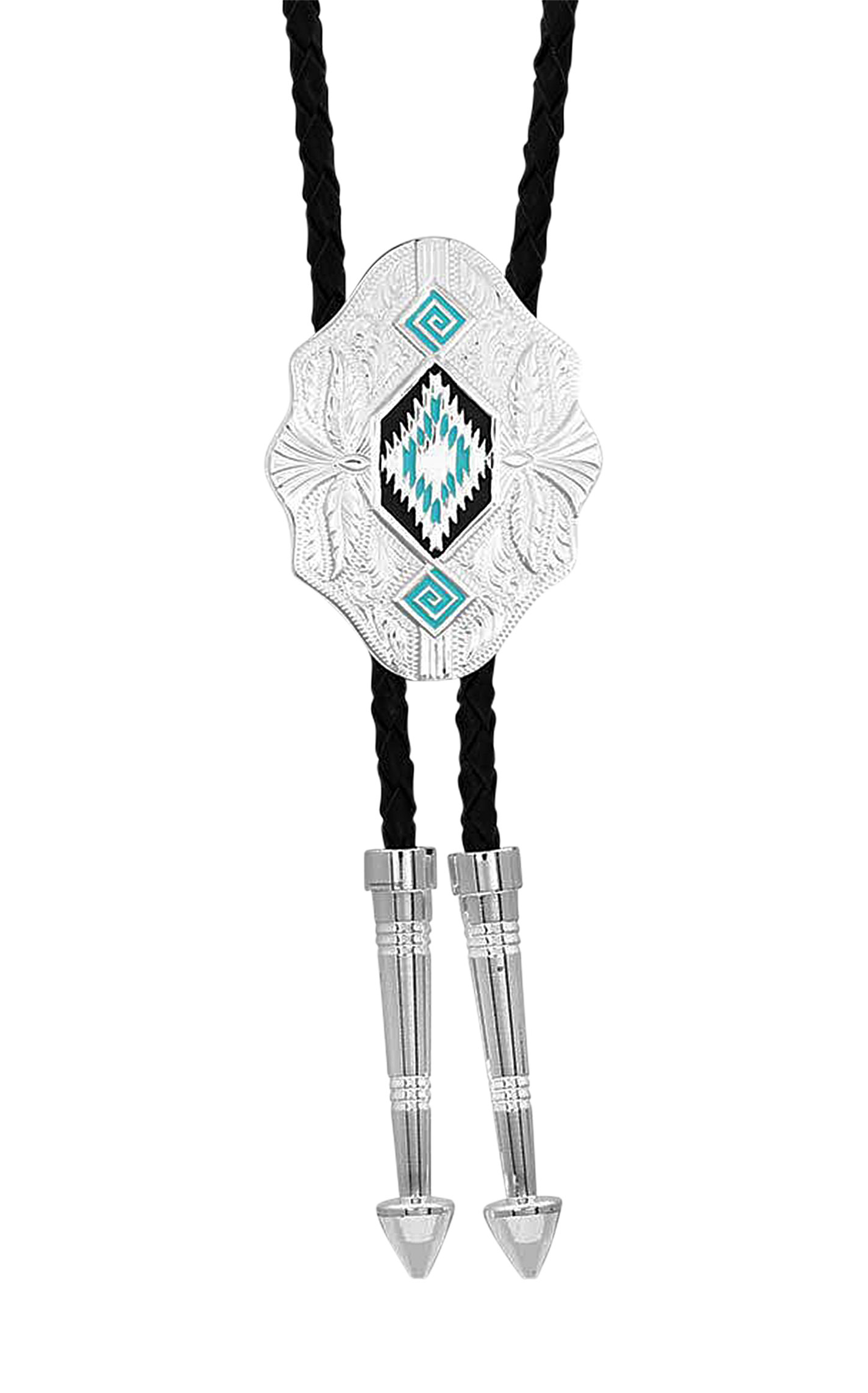 Montana Silversmiths Silver Etched Aztec Turquoise Black Leather Bolo Tie  - Image 1