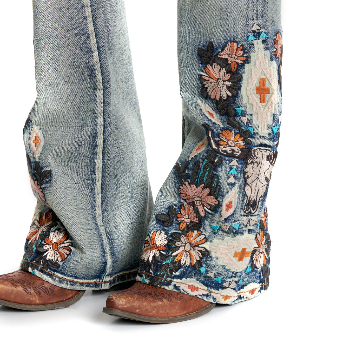 Grace In LA Women's Light Blue Floral Embroidered Jeans - Image 1