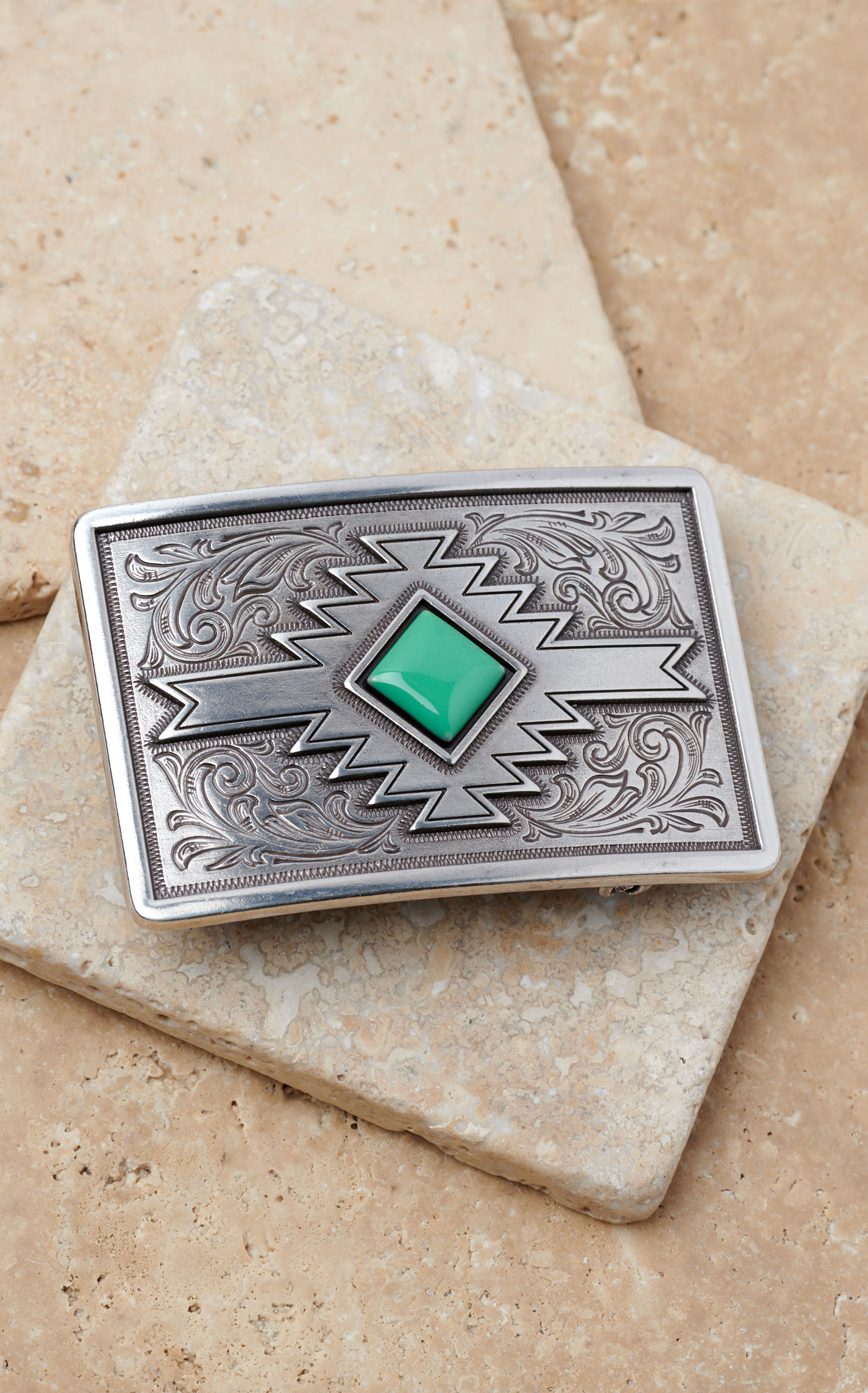 Nocona Blazin' Roxx Silver Etched Scrolling Aztec Light Green Diamond Stone Rectangle Belt Buckle - Image 1