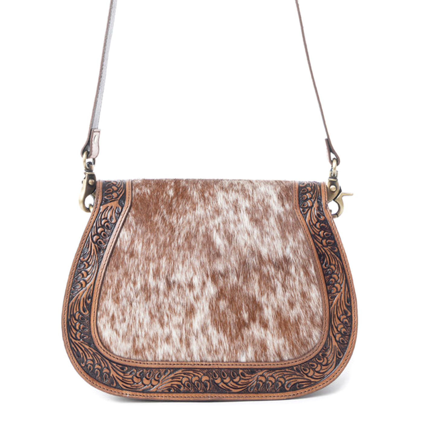 Myra Bag Brown Hair on & Tooled Leather Scalloped Flap Shoulder Bag - Image 1