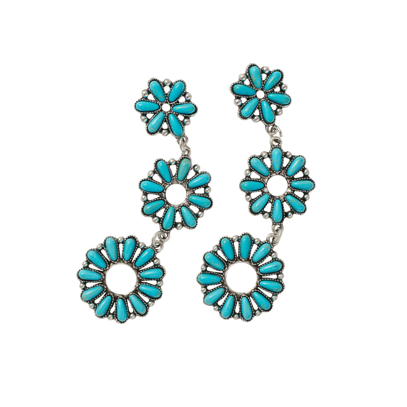 Rockin C Silver & Turquoise 3 Flower Dangle Earrings - Image 1