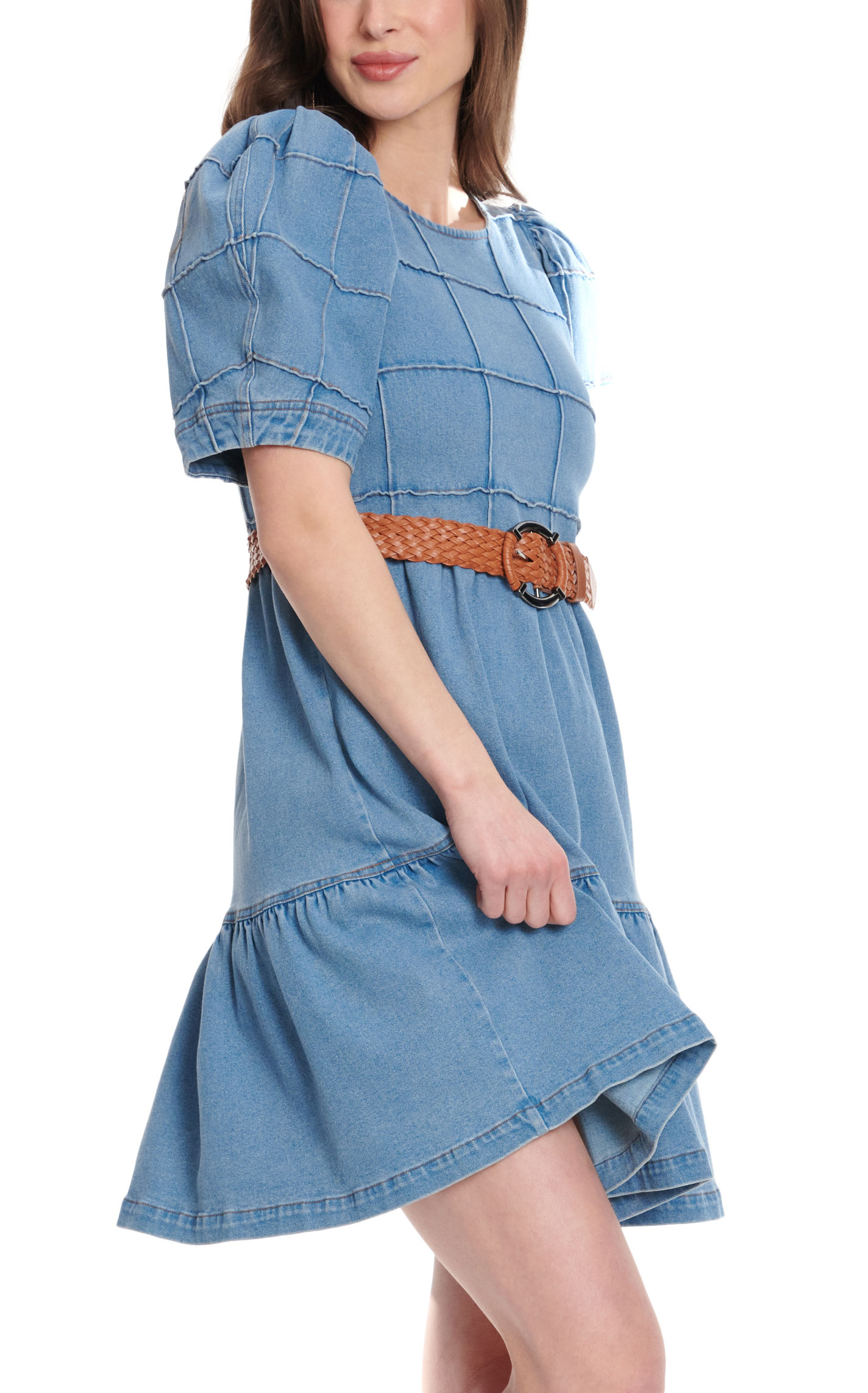 Rockin C Women's Light Wash Denim Short Puff Sleeve Squares & Ruffle Dress - Image 1
