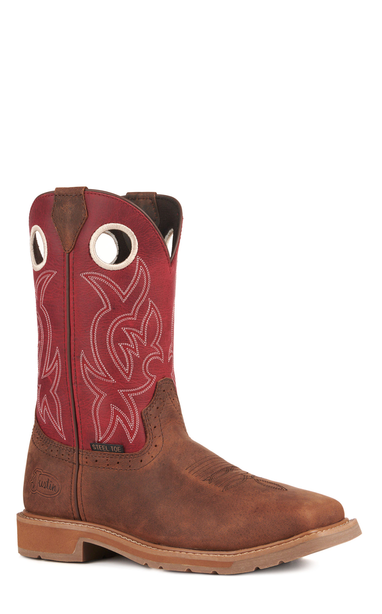 Justin Men's All Around Walnut Brown and Red Square Steel Toe Work Boots - Image 1