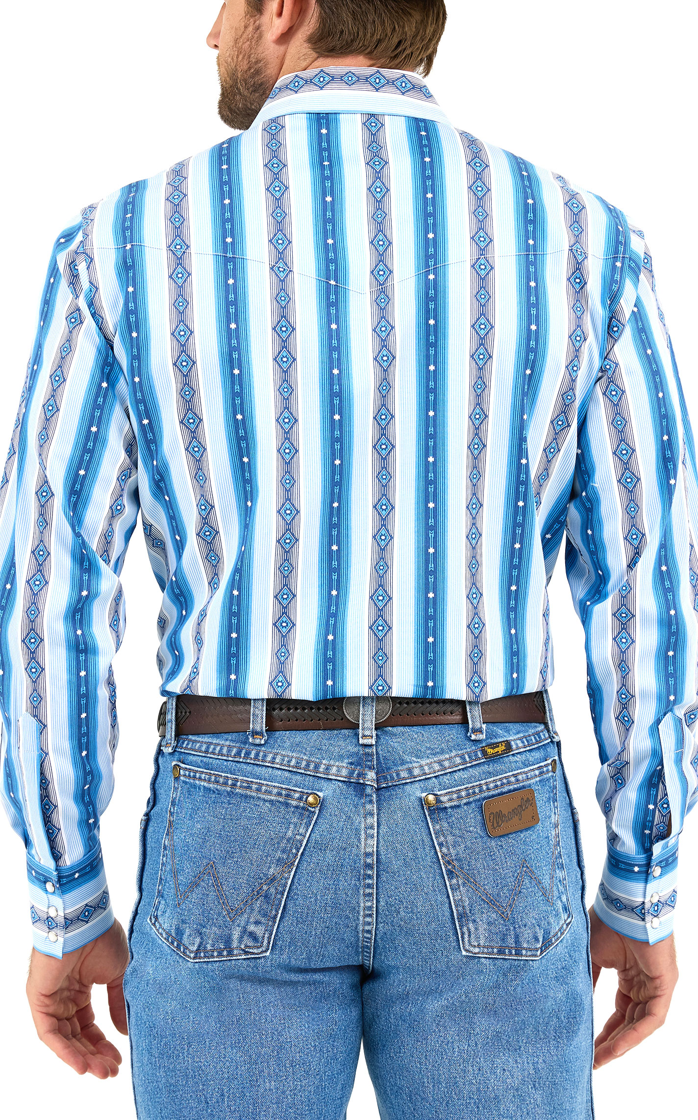 Wrangler Men's Checotah Blue Aztec Striped Western Shirt - Image 1