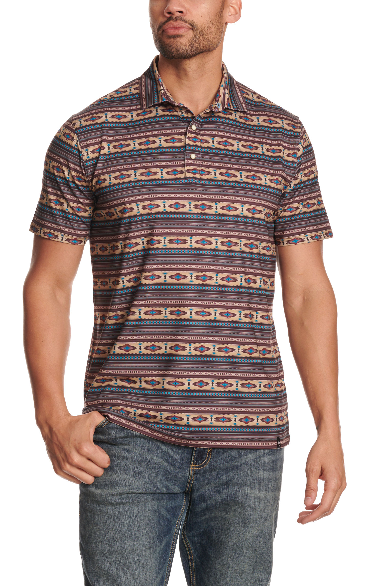 Rafter C Men's Chocolate Aztec Print Performance Polo Shirt - Image 1