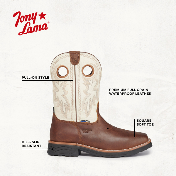Tony Lama Men's Fireball Brown and White Waterproof Wide Square Composite Toe Work Boots - Image 1