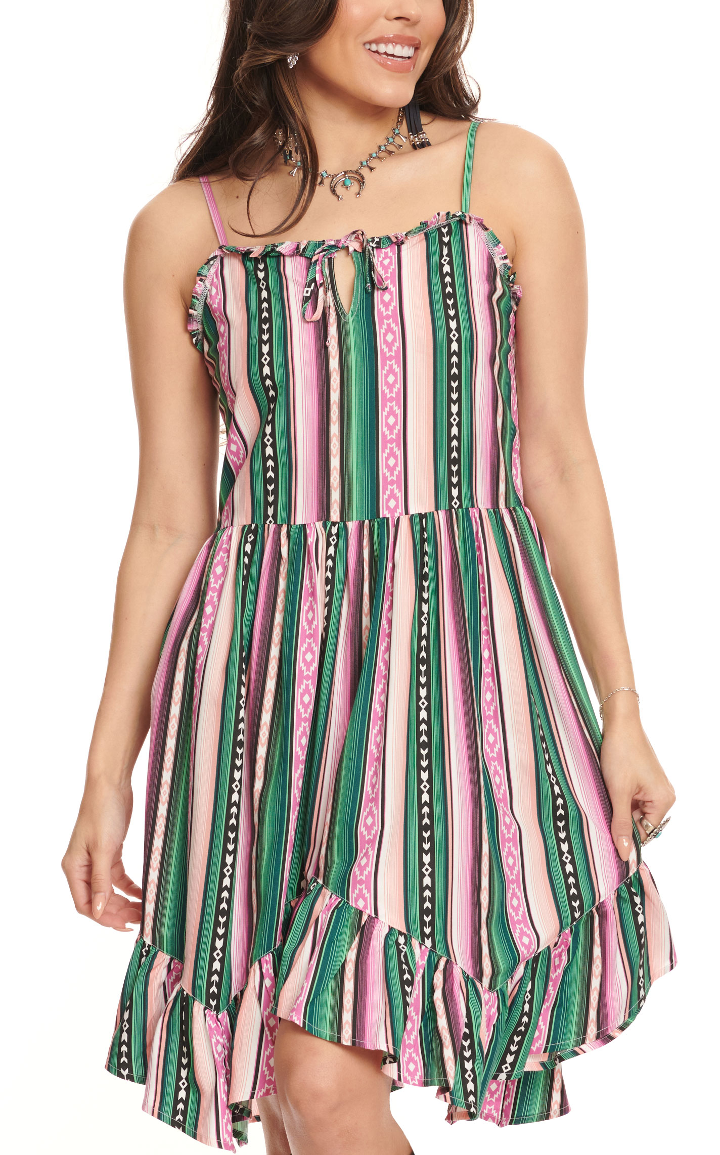Wrangler Women's Colorful Aztec Stripe Ruffled Sleeveless Dress - Image 1
