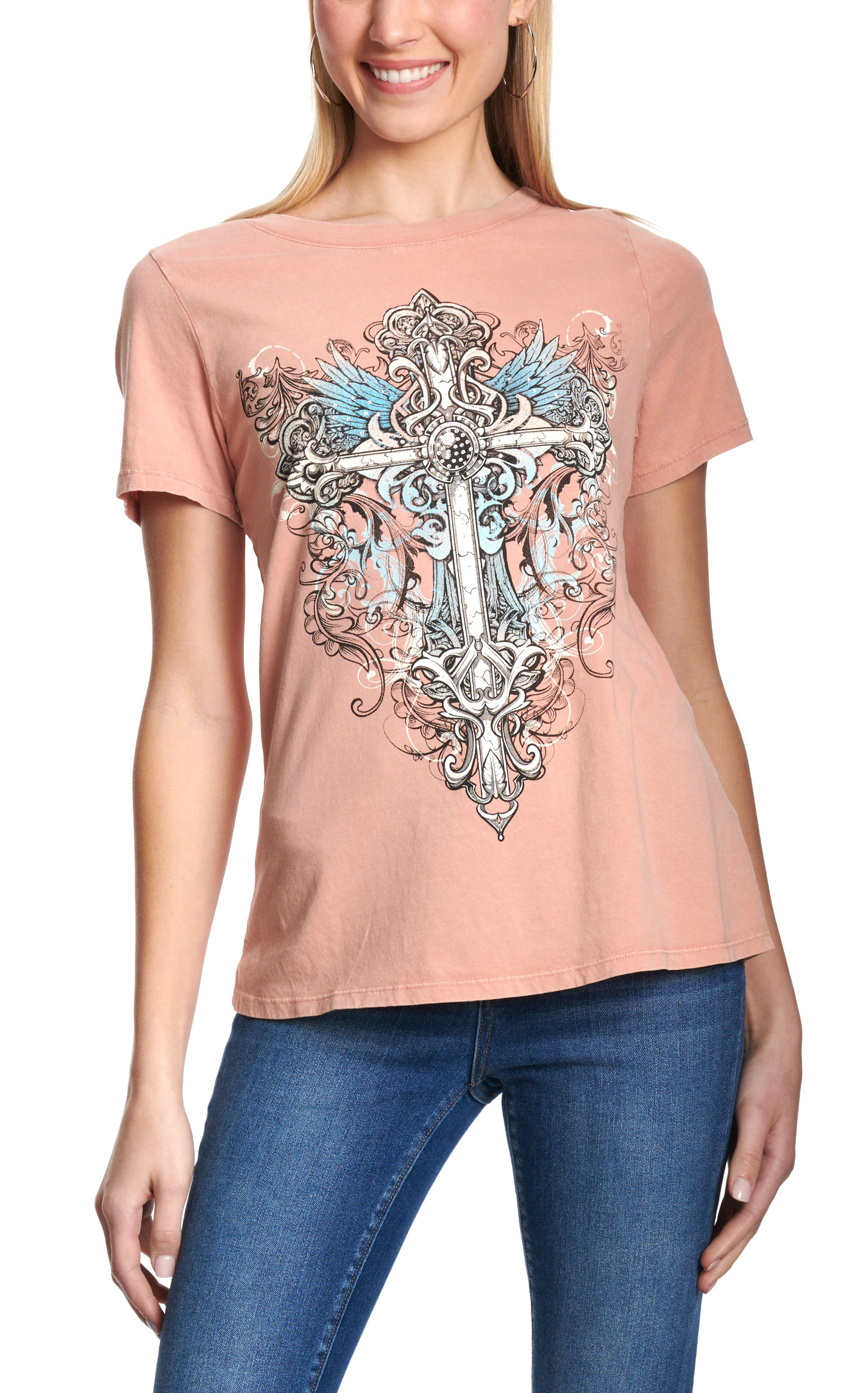 R. Rouge Women's Peach Gothic Cross Graphic T-Shirt - Image 1