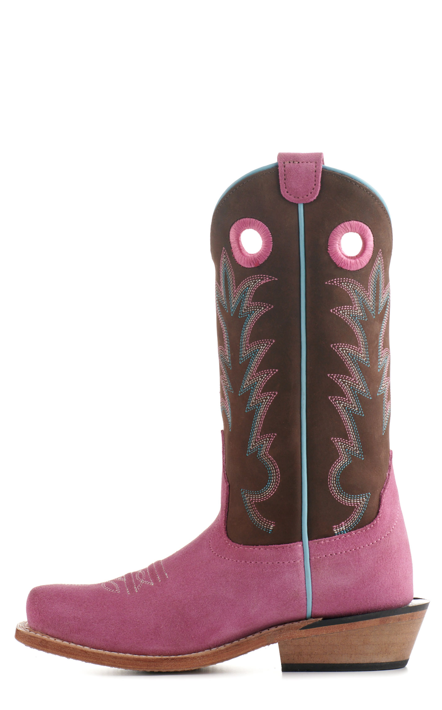 Old West Kids Pink Suede and Brown Punchy Square Toe Cowboy Boots - Image 1
