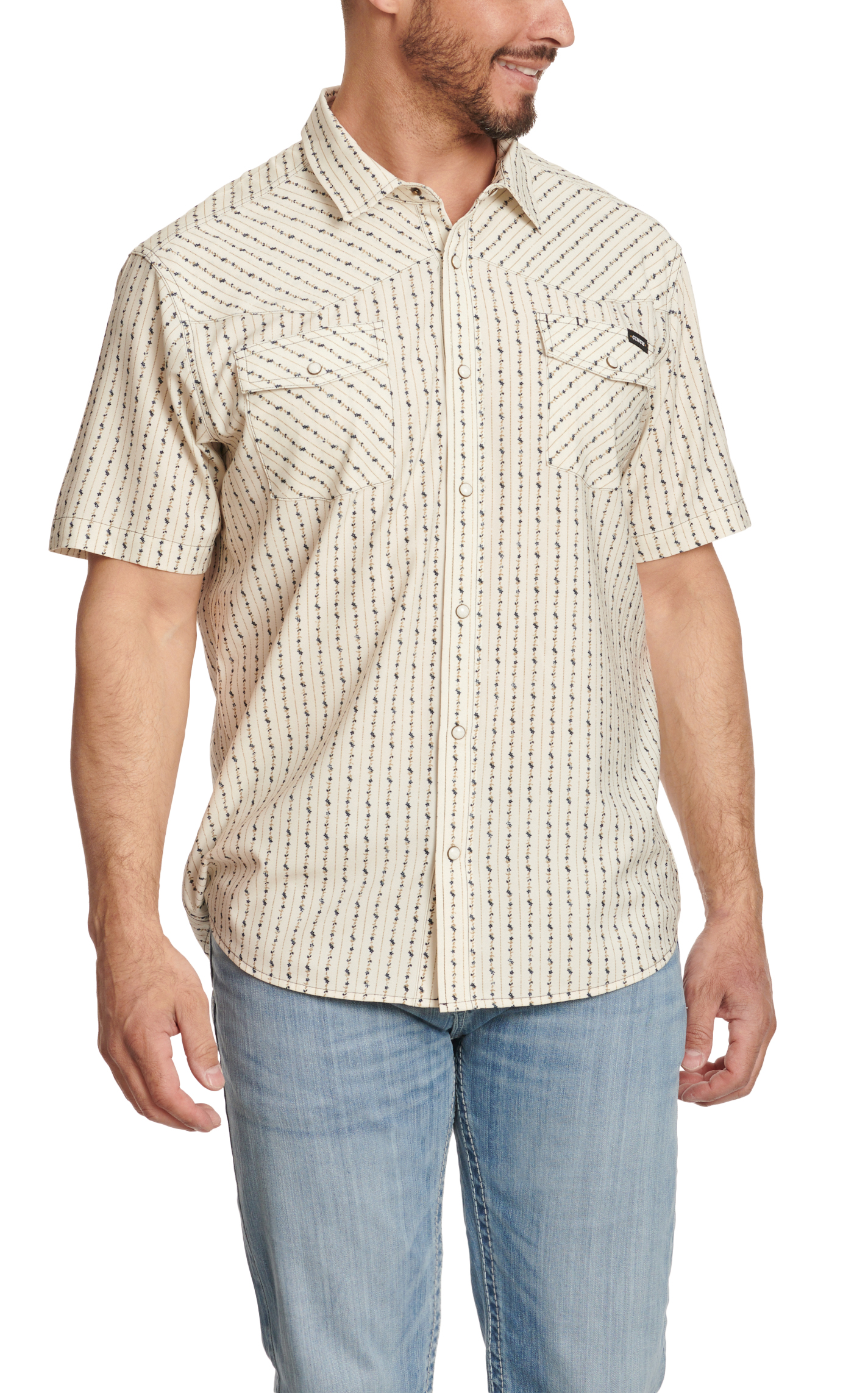 Cinch Men's Cream & Aegean Antique Gold Floral Stripe Print Short Sleeve Western Shirt - Image 1