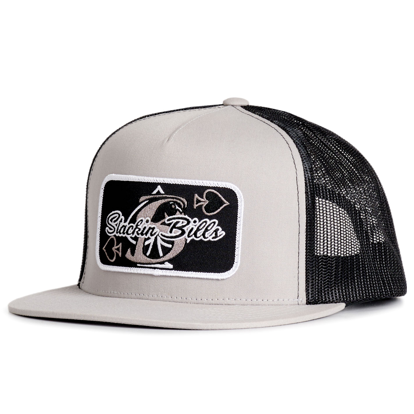 Stackin Bills Silver & Black Spade Patch Flat Bill Mesh Cap - Image 1