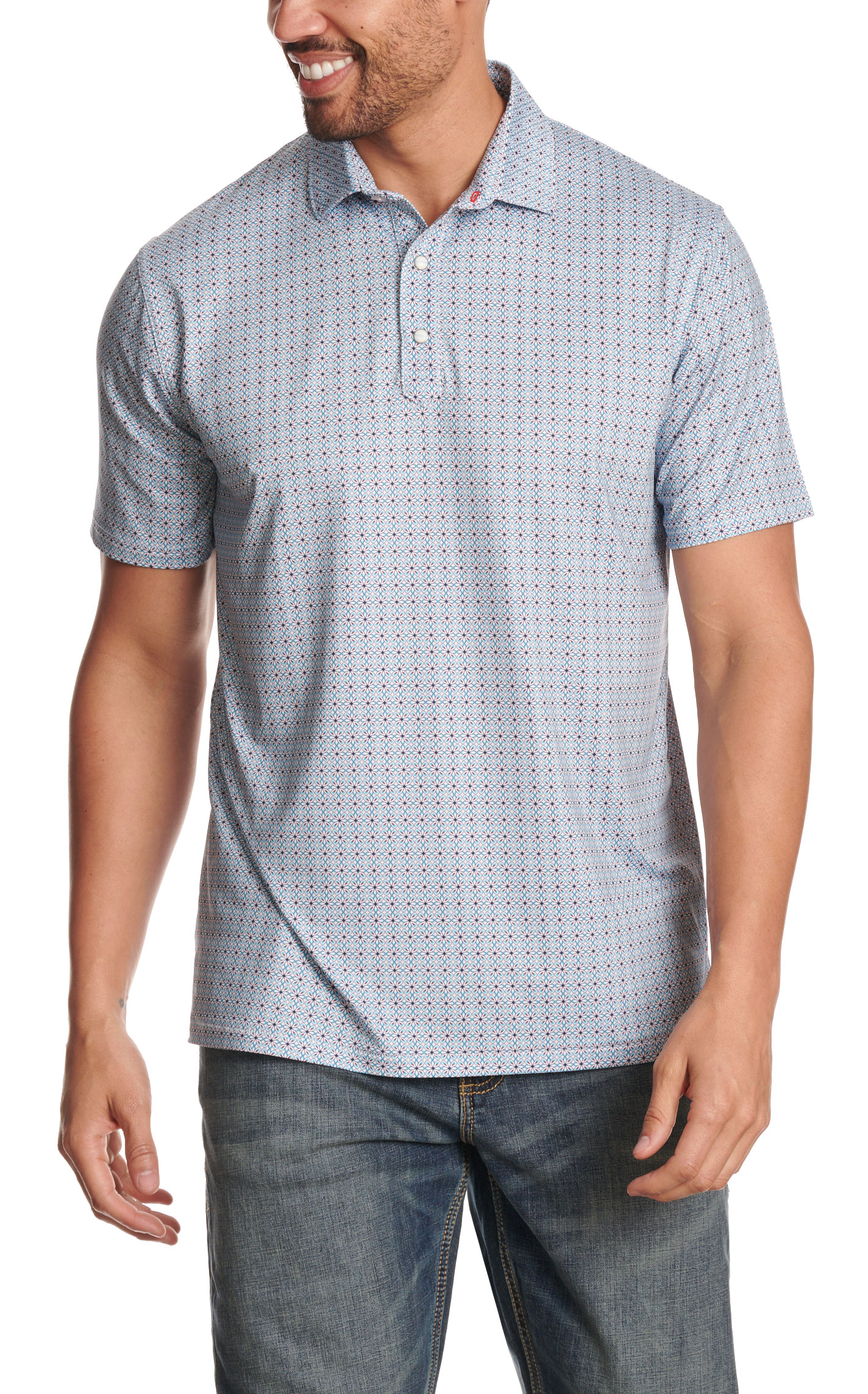 Rafter C Men's Blue Geo Print Performance Polo Shirt - Image 1
