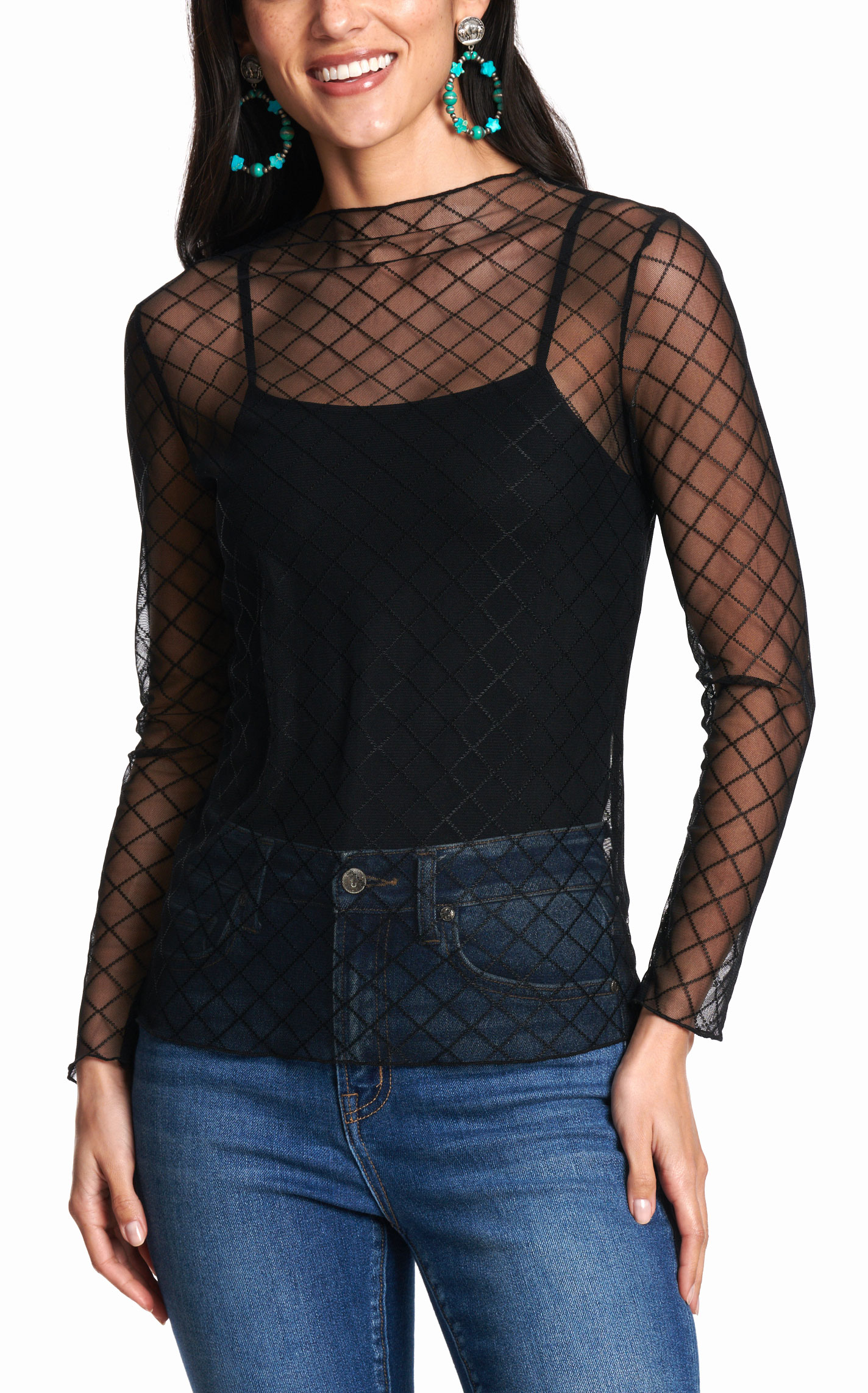 Marigold Kiss Women's Black Check Print Sheer Mesh Top - Image 1