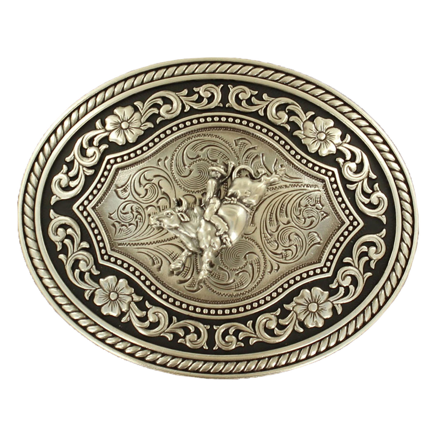M & F Western Silver and Black Bull Rider Oval Belt Buckle - Image 1