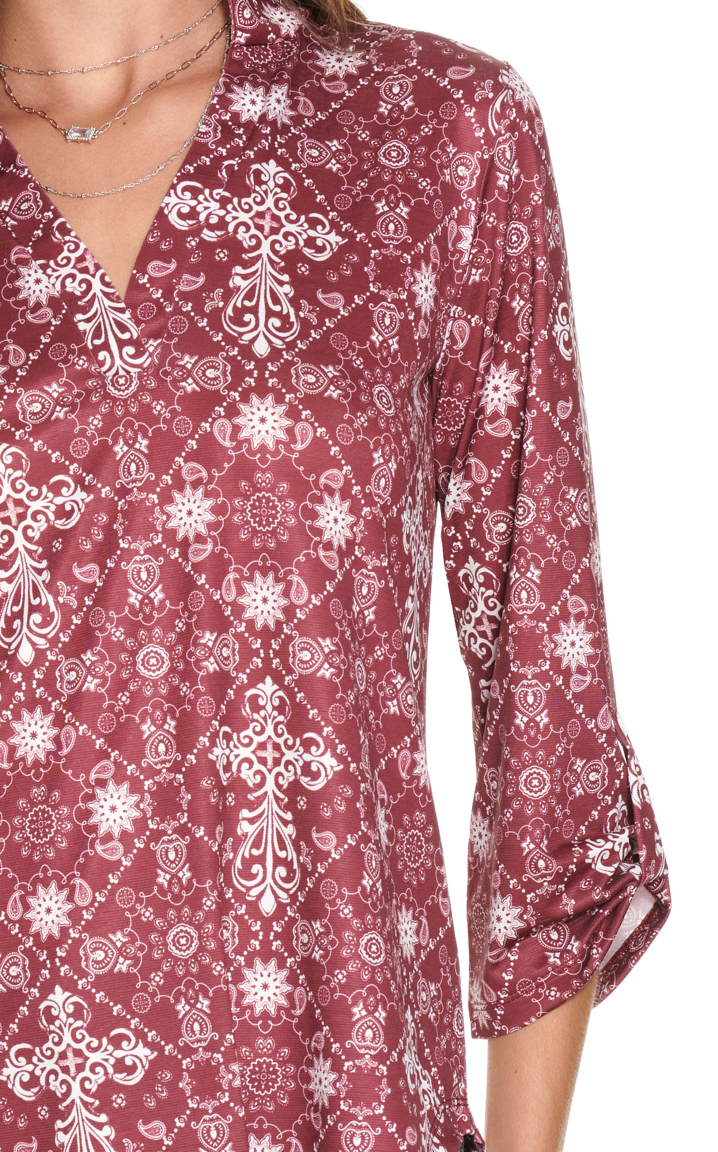 Cowgirl Hardware Women's Burgundy with White Bandana Cross Print 3/4 Tabbed Sleeve Top - Image 1