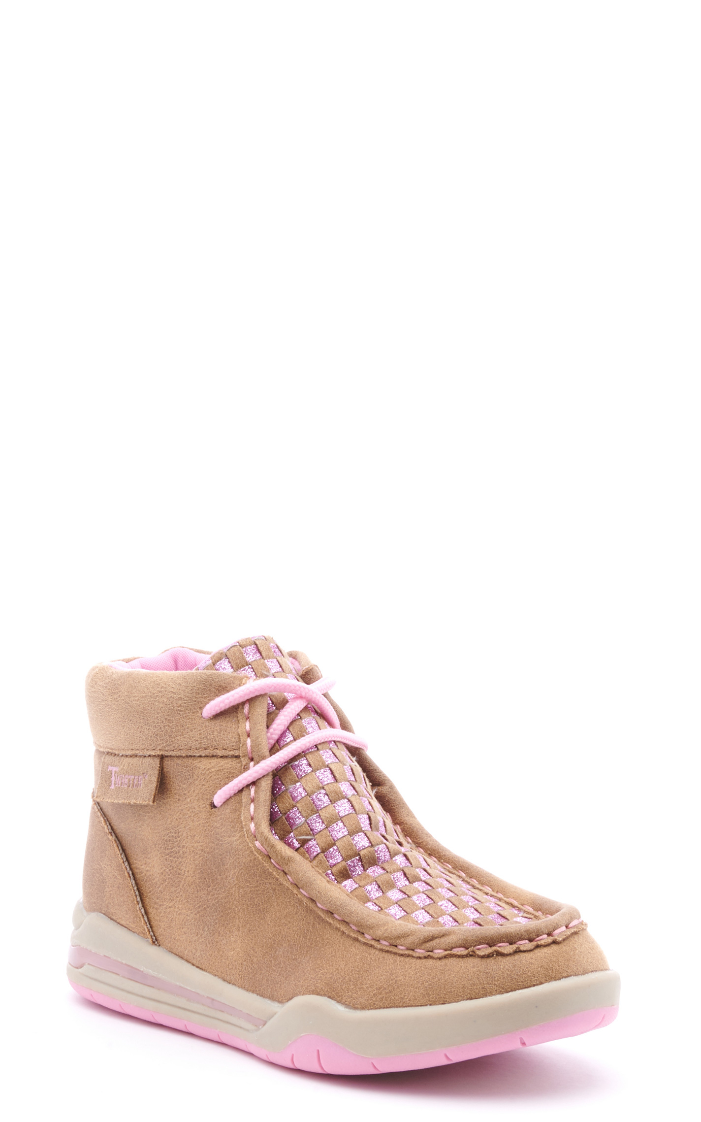 Twister Kids Brown and Pink Glitter Woven Lighted Moc Toe Shoes - Image 1