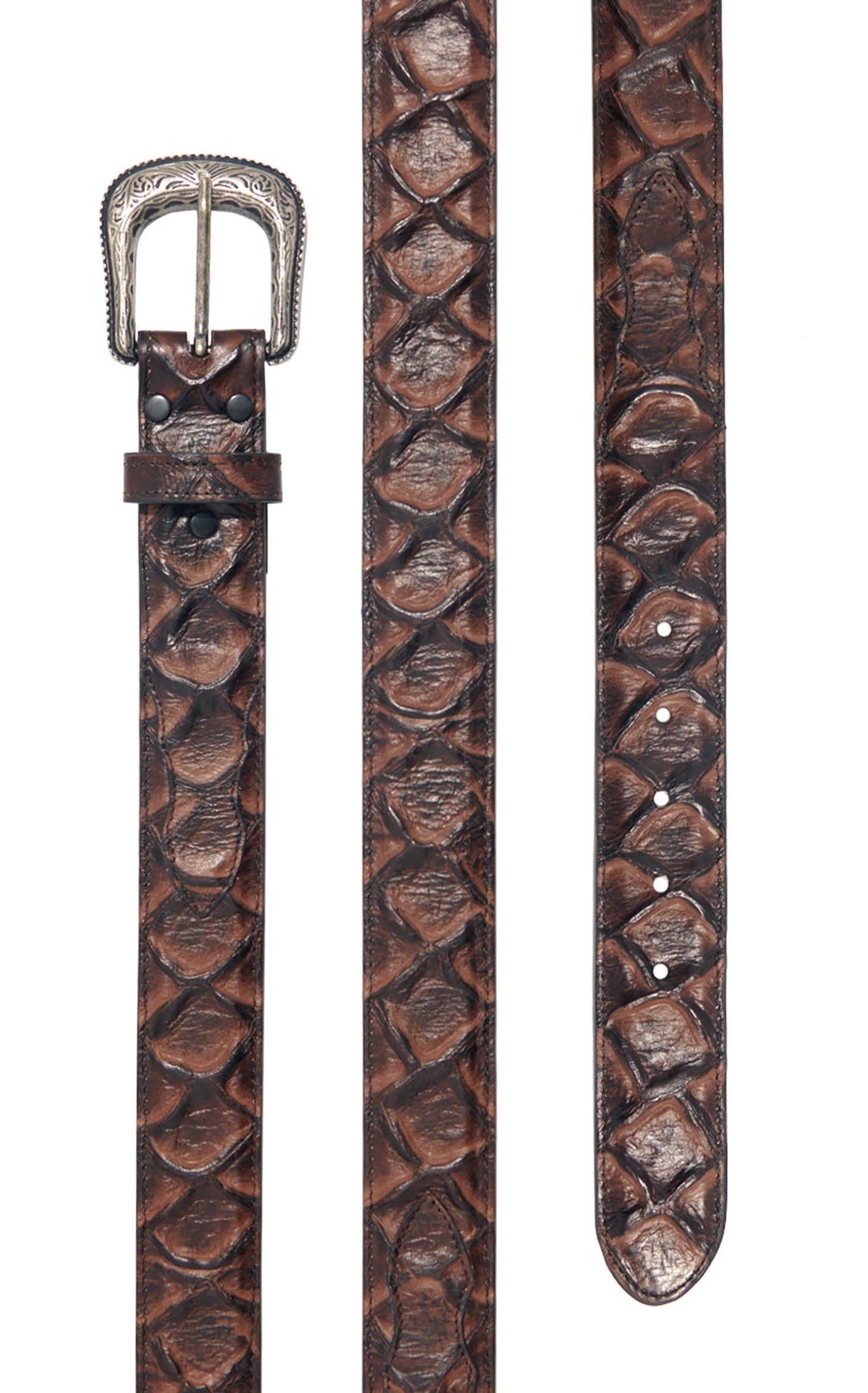 Cavender's Men's Brown Pirarucu Leather Belt with Silver Buckle - Image 1