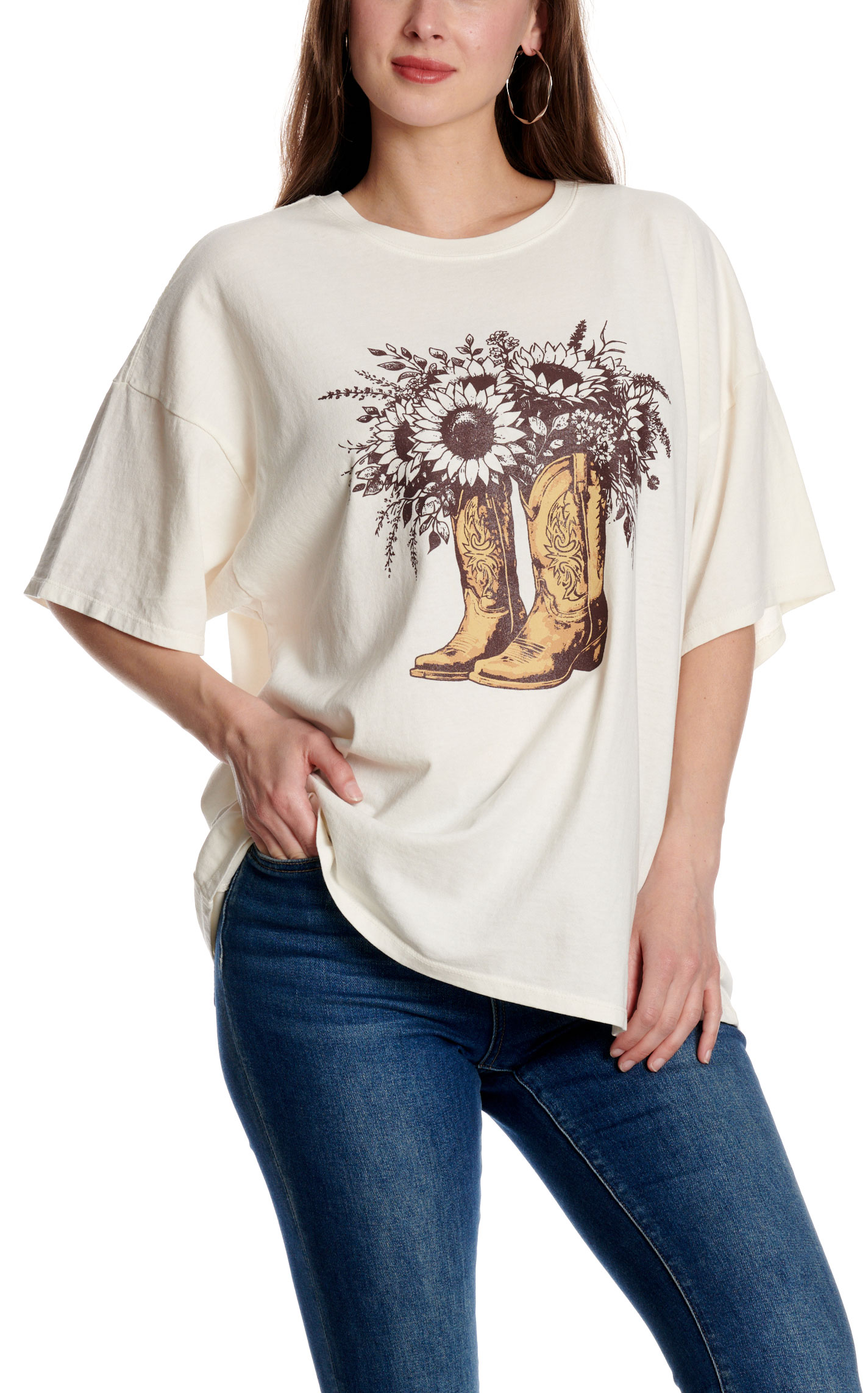 Double Zero Women's Off White Floral Boots Graphic T-Shirt - Image 3
