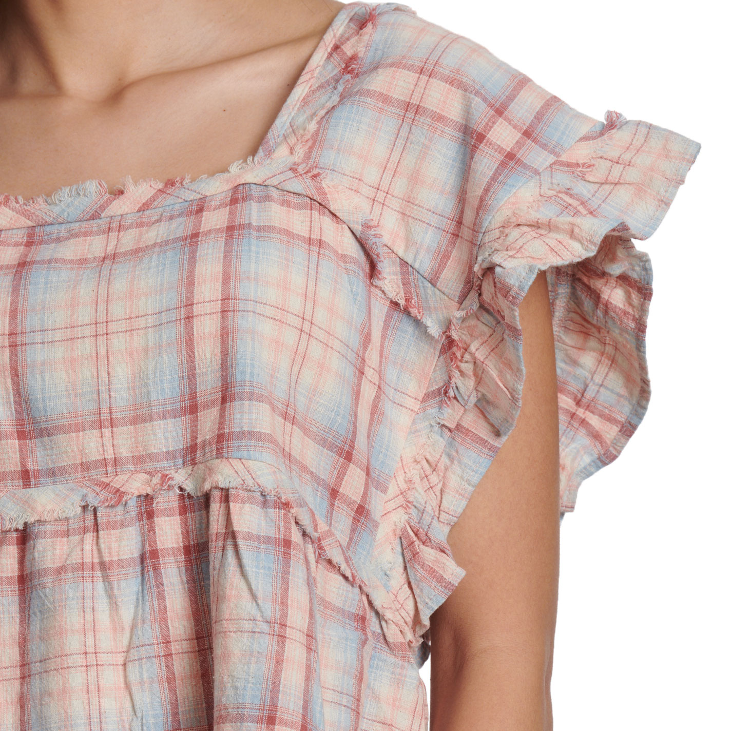 Blue B Women’s Cream and Mauve Pink Plaid Ruffle Top - Image 1