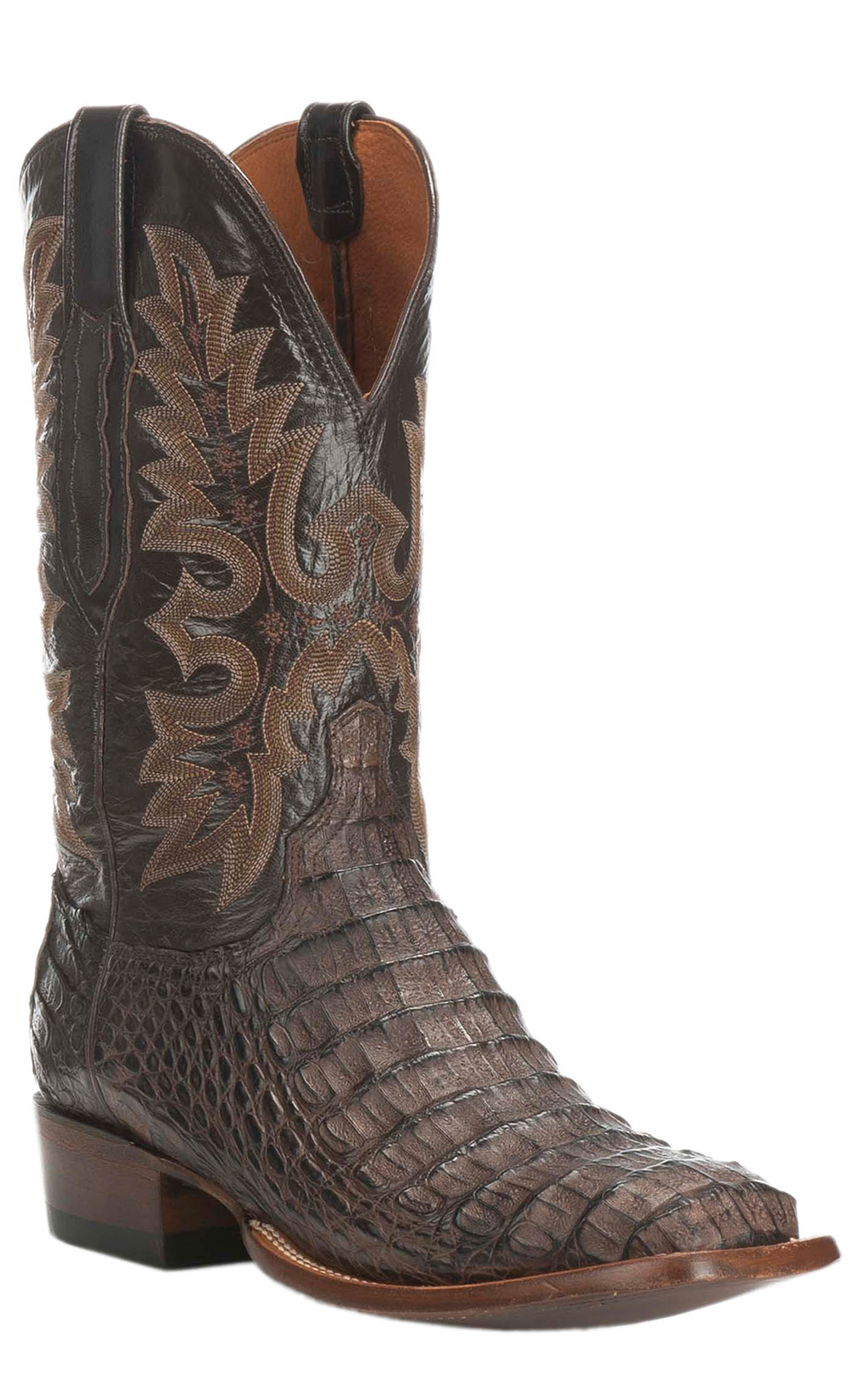 Lucchese Men's Barrel Brown Burnish and Chocolate Hornback Caiman Wide Square Toe Exotic Cowboy Boots - Image 1