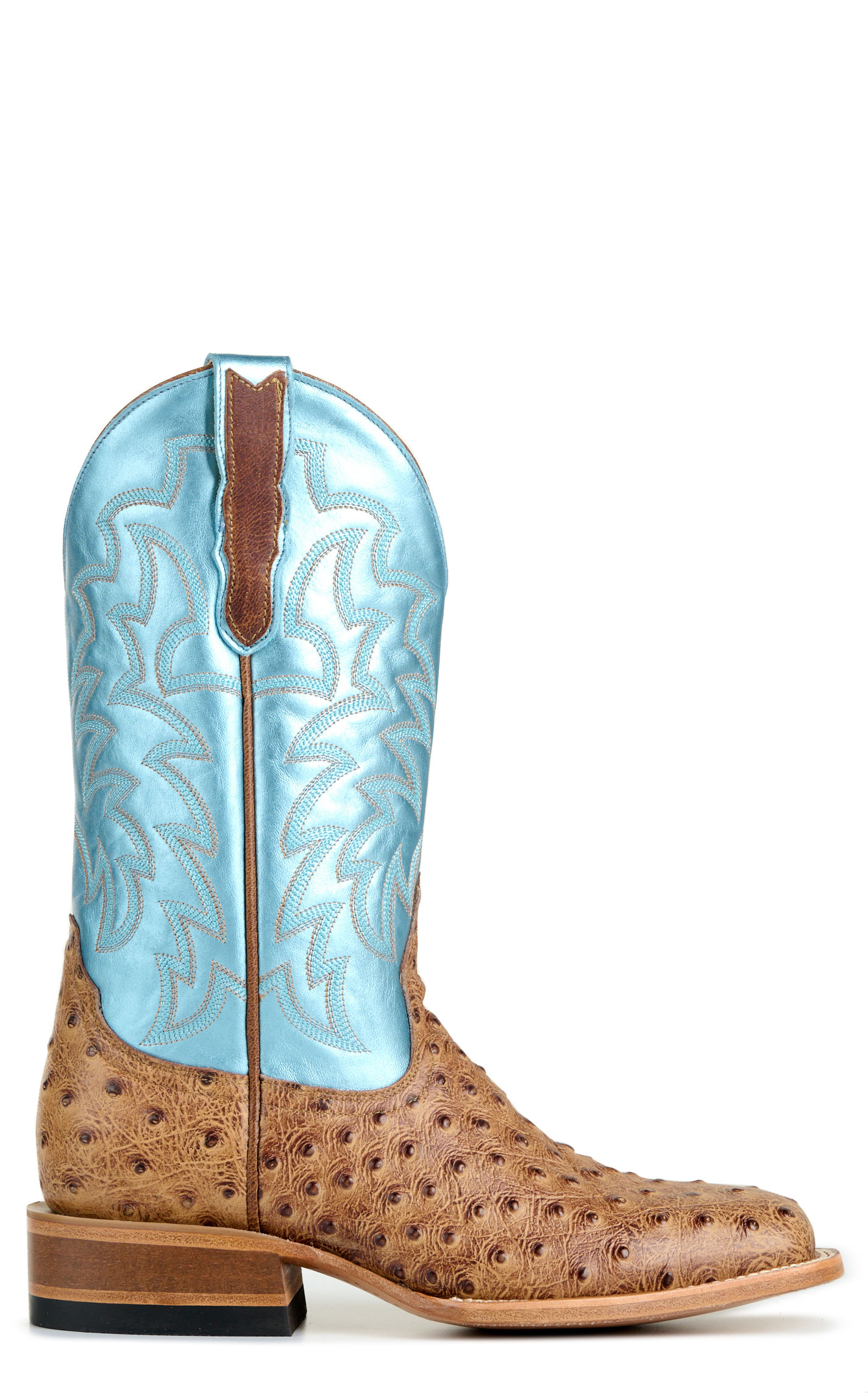 Cavender’s Women’s Endurance Saddle Tan Ostrich Print and Metallic Blue Wide Square Toe Cowboy Boots  - Image 1