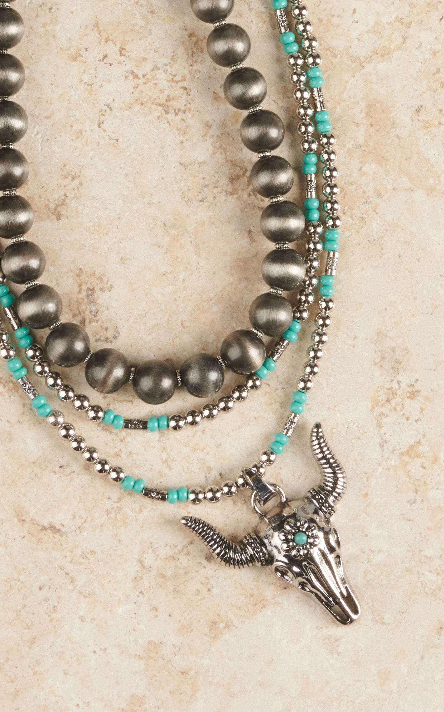 Cowgirl Confetti 3 Strand Silver and Turquoise with Floral Skull Pendant Necklace - Image 1