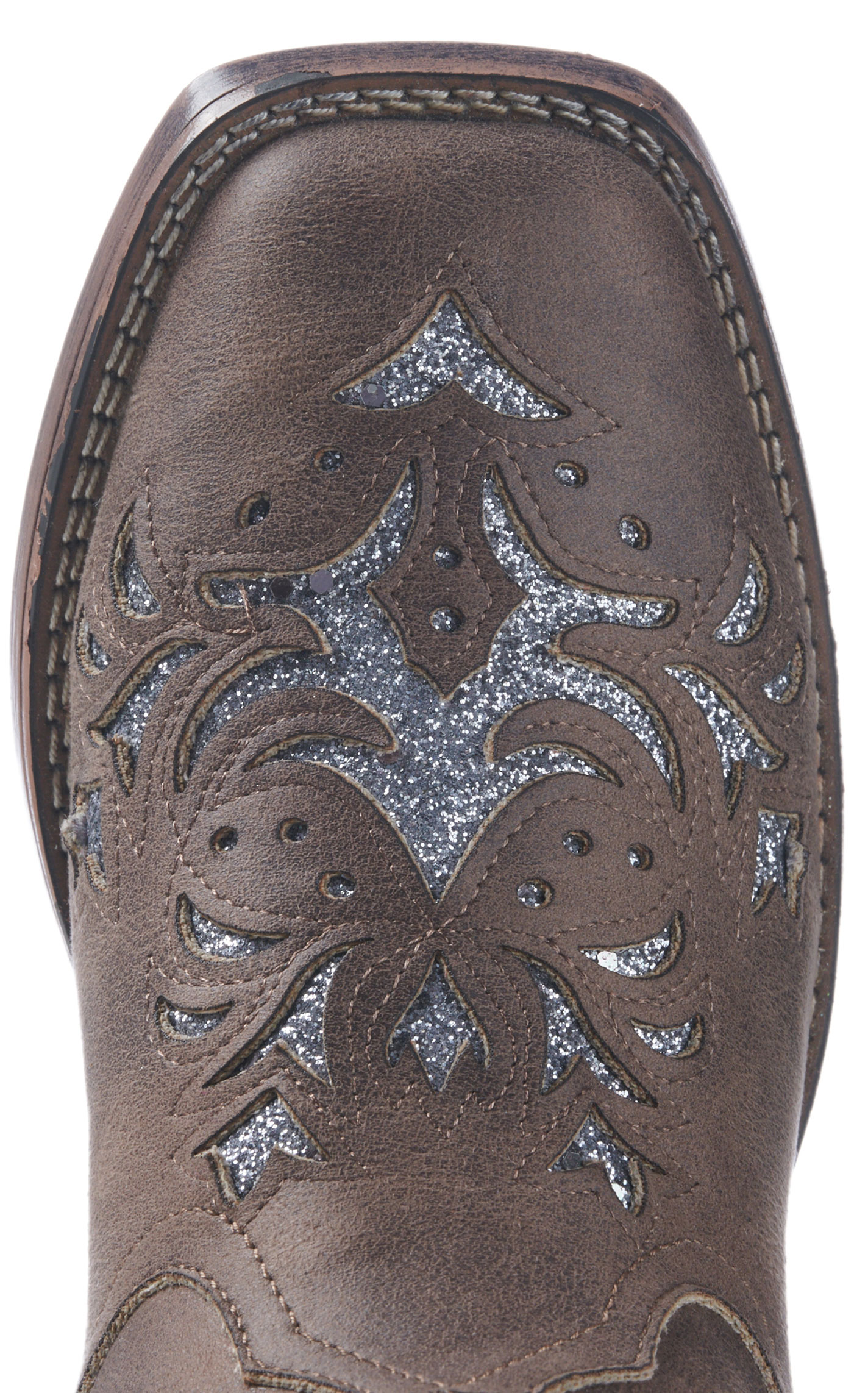 Roper Women's Brown Faux Leather with Metallic Silver Glitter Inlay Square Toe Cowboy Boot - Image 1