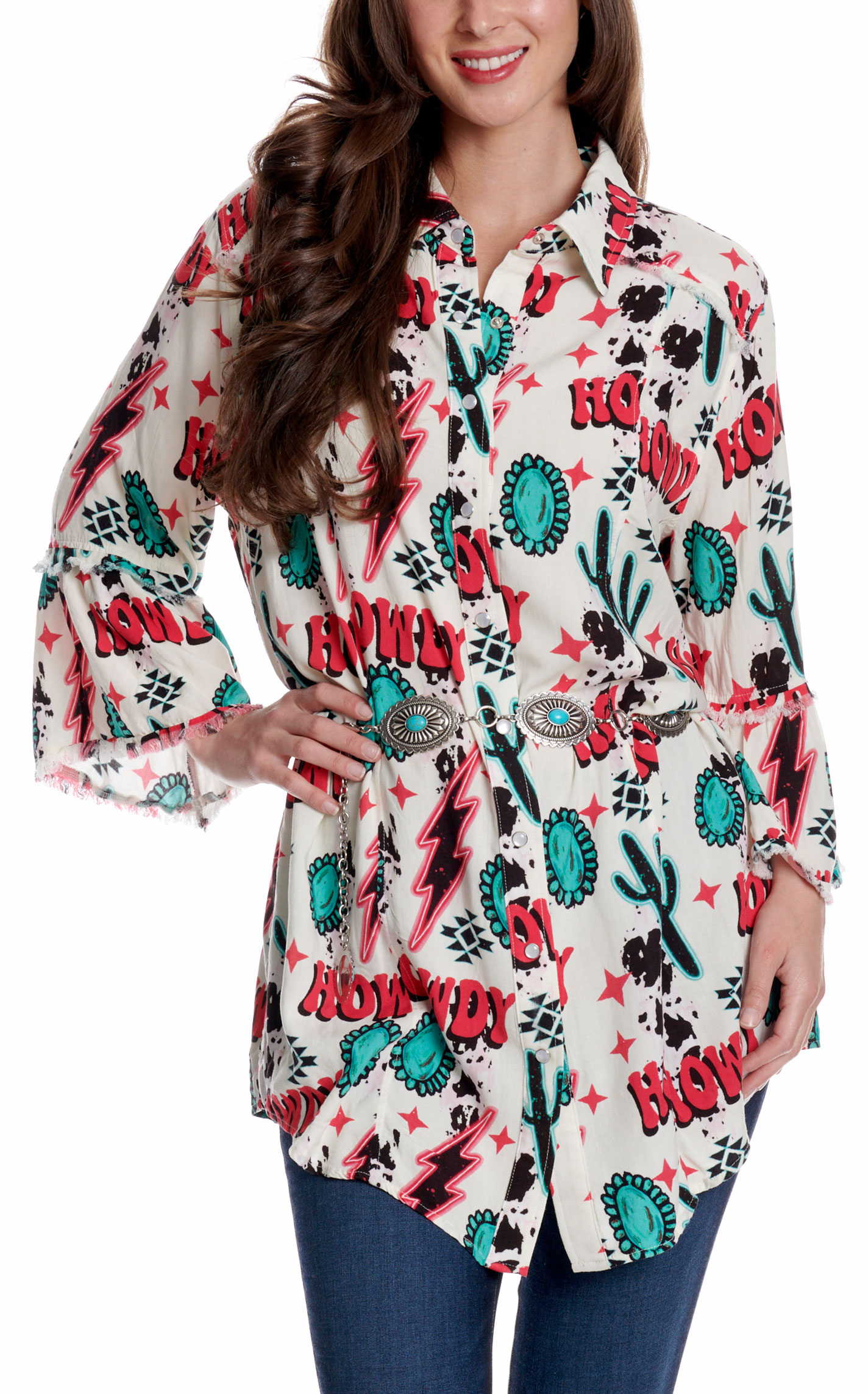 Merigold Kiss Women's Howdy Ivory Button Down Tunic Top - Image 1