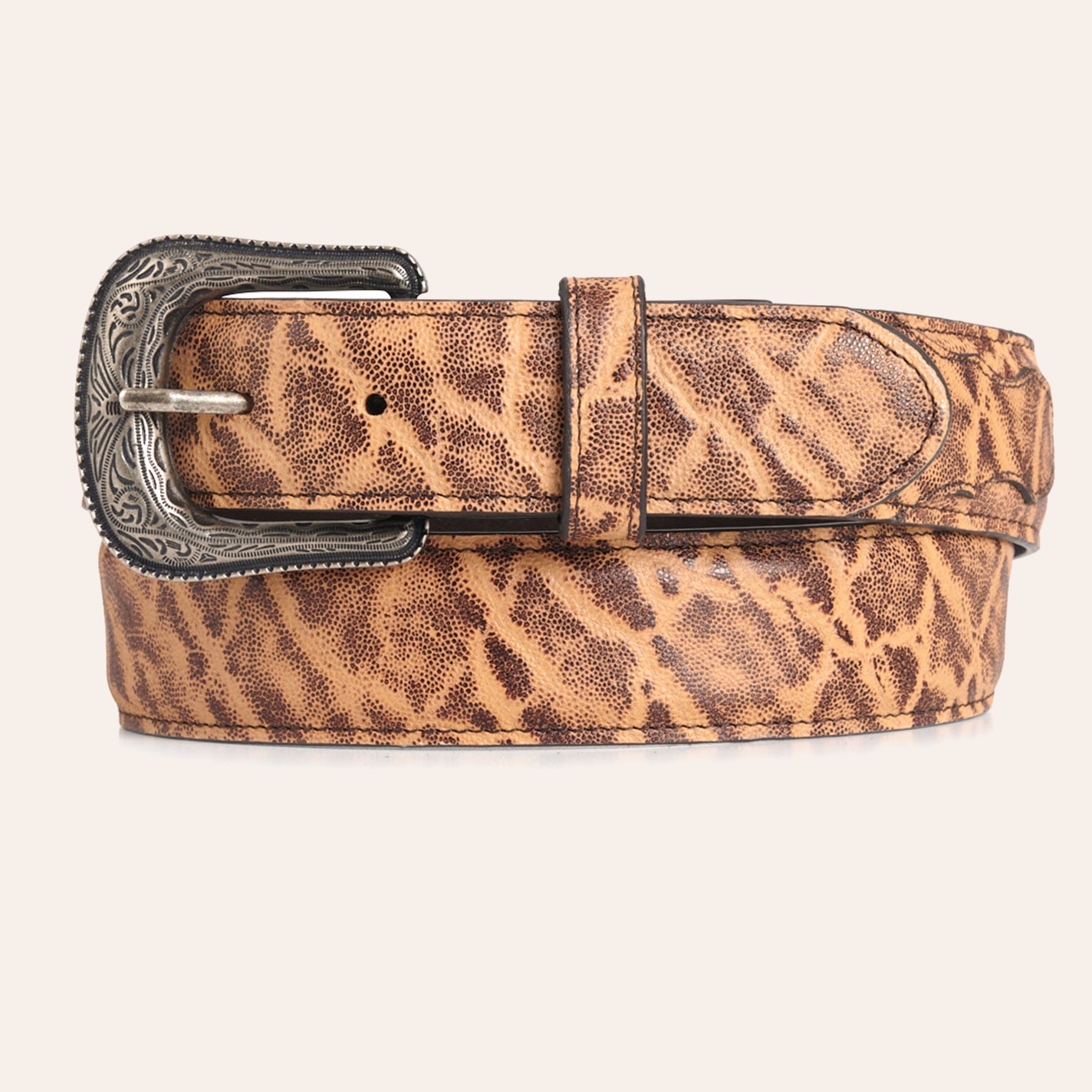 Cavender's Men’s Birch Elephant Print Leather Belt with Silver Etched Buckle - Image 1