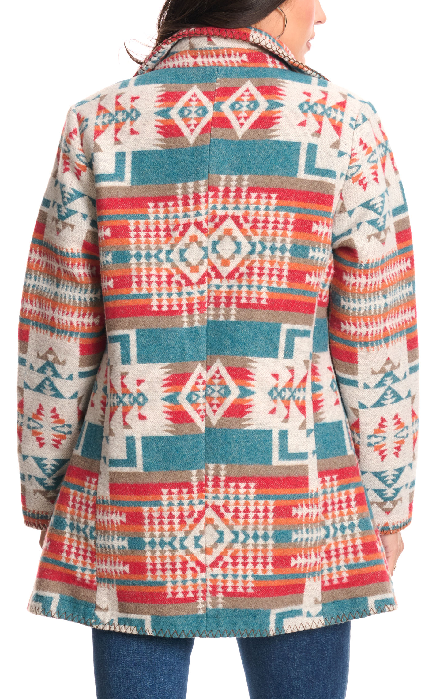 Rockin C Women's Turquoise Aztec Blanket Trench Coat - Image 1