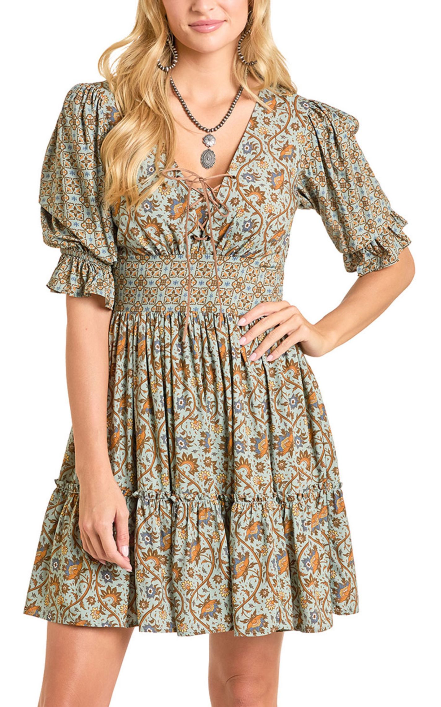 Rock & Roll Denim Women's Sage Green & Floral Ruffle Dress - Image 1