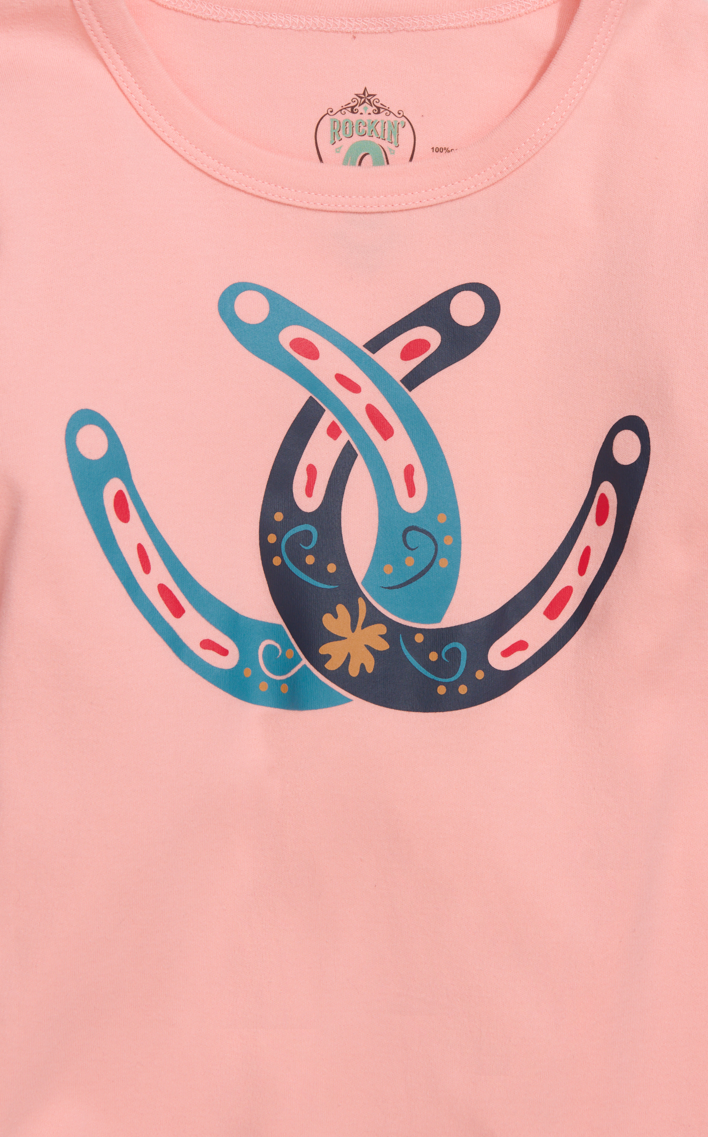 Rockin C Girl's Peach, Navy & Blue Horseshoe Graphic Tee - Image 1