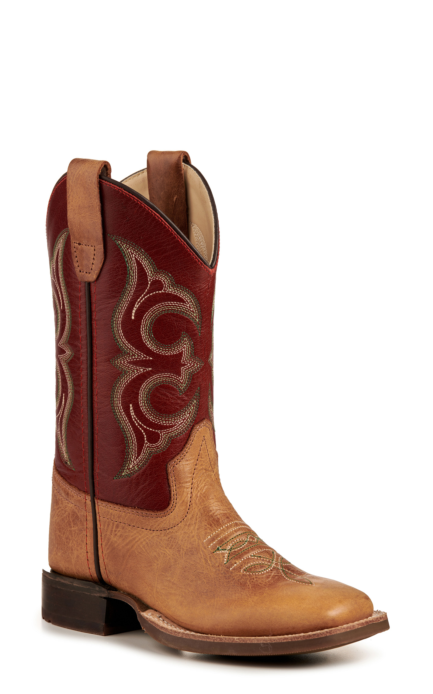 Old West Kid's Cactus Tan and Red Wide Square Toe Cowboy Boots - Image 1