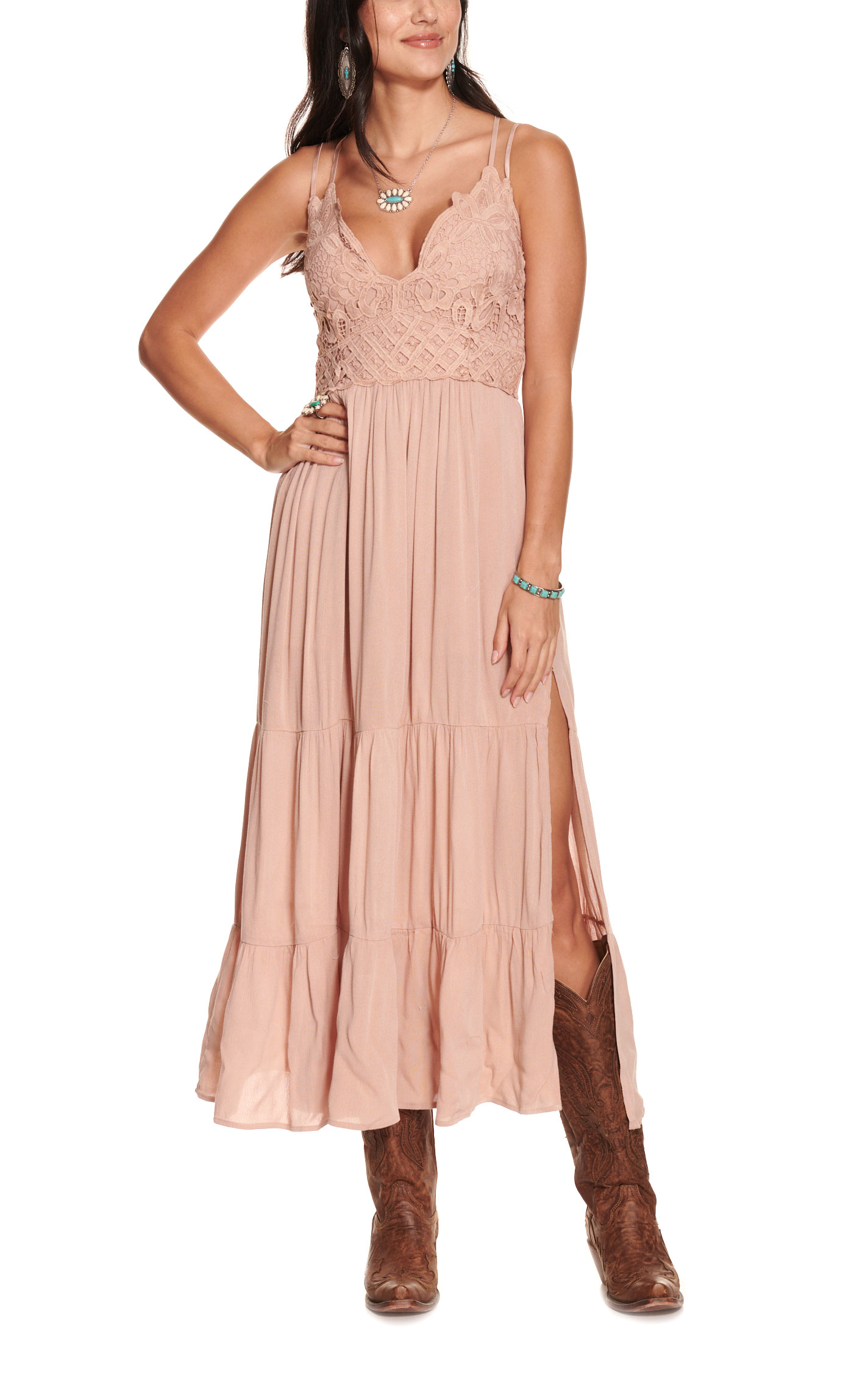 Blue B Women's Peach with Lace Double Straps Midi Dress - Image 1