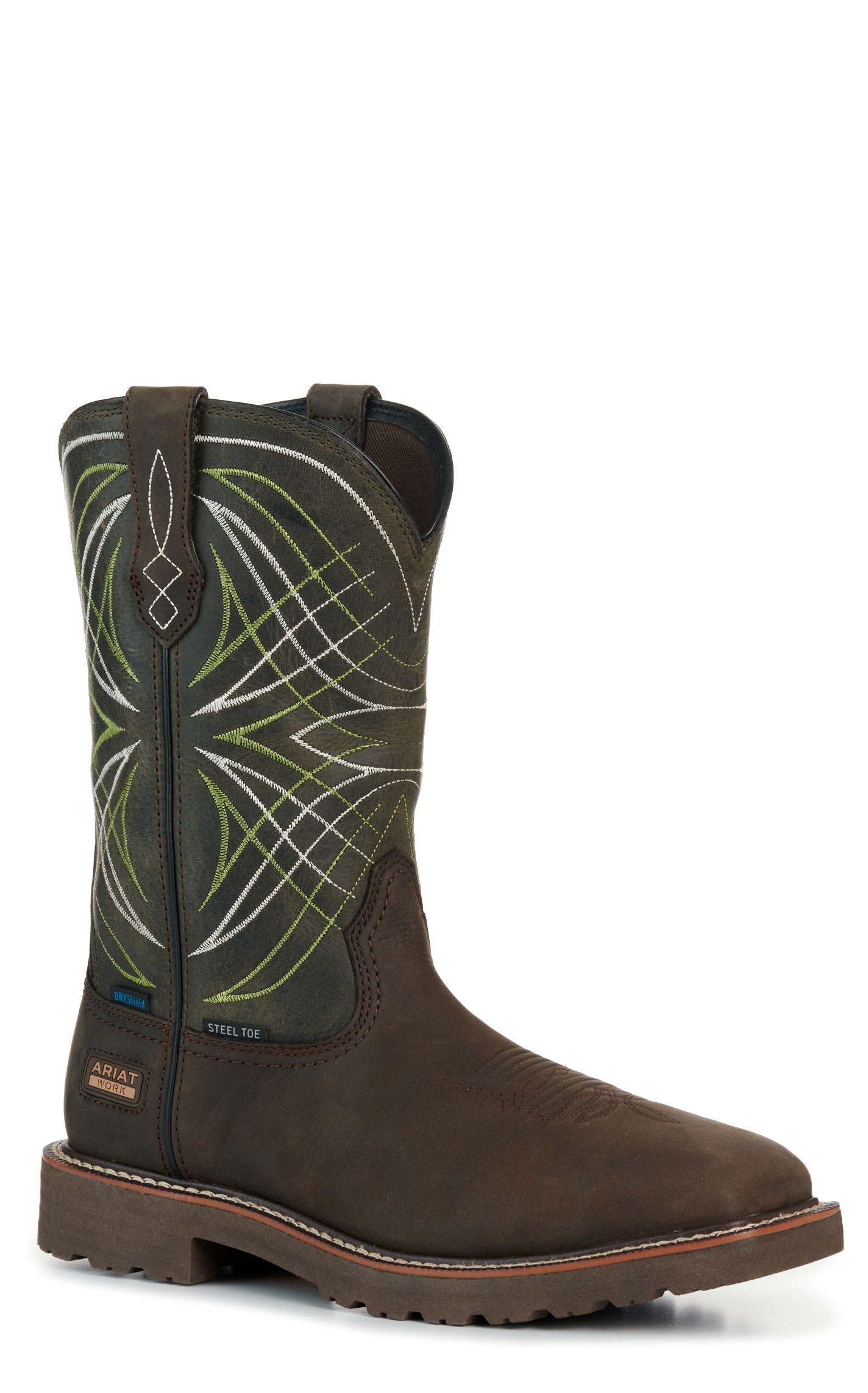 Ariat Men’s Dark Brown and Moss Green Activator Waterproof Wide Square Steel Toe Work Boots - Image 1