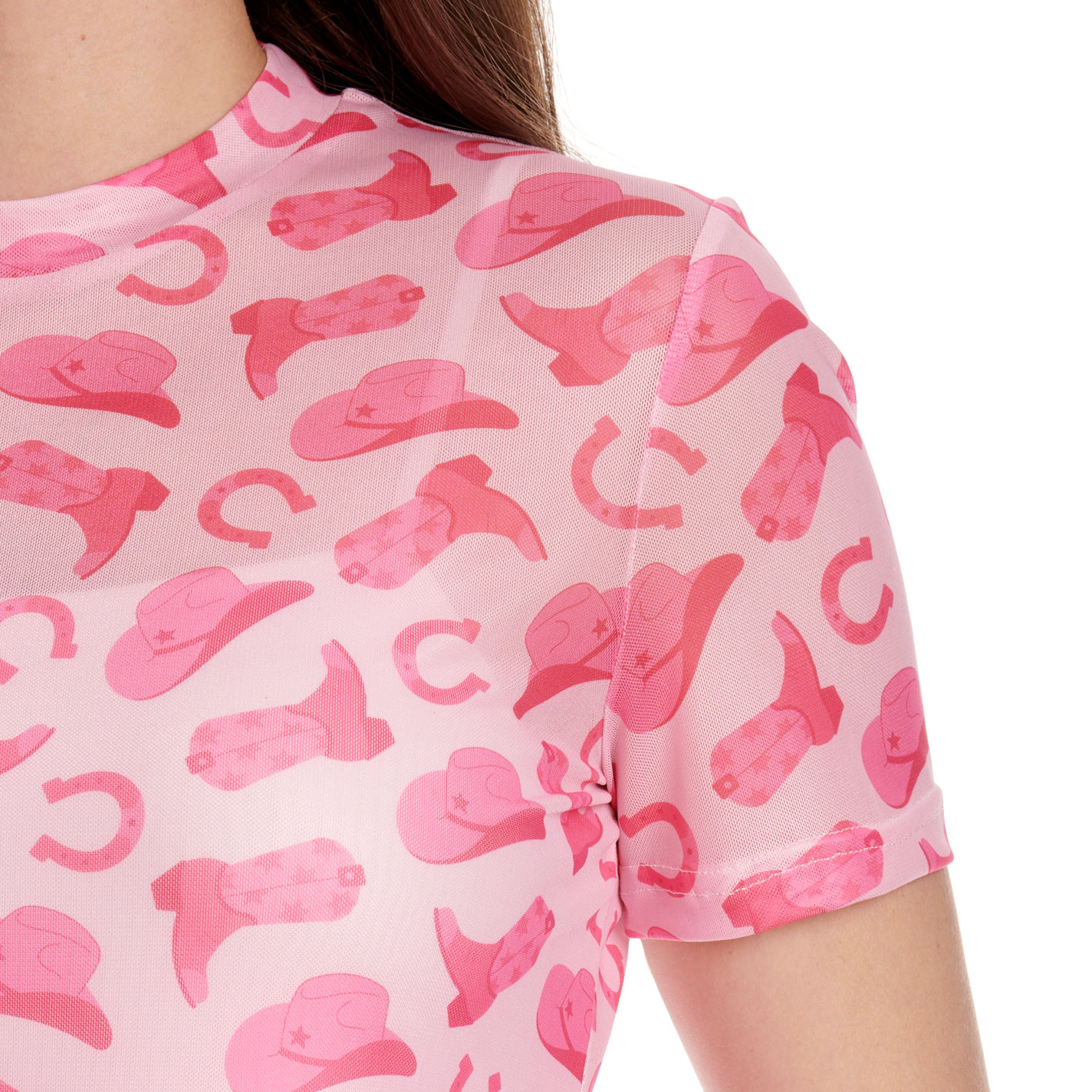 Merigold Kiss Women's Pink Western Hat & Boot Print Mesh Top - Image 1