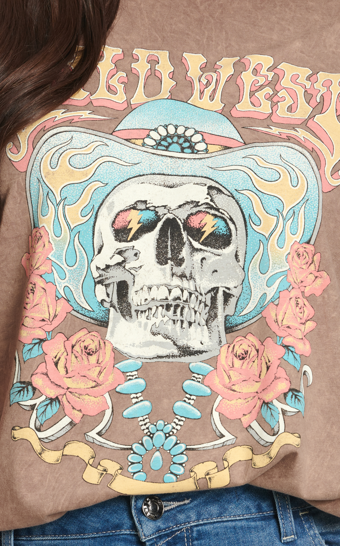 Lotus Fashion Women's Washed Mocha Wild West Skull Graphic T-Shirt - Plus Size - Image 1