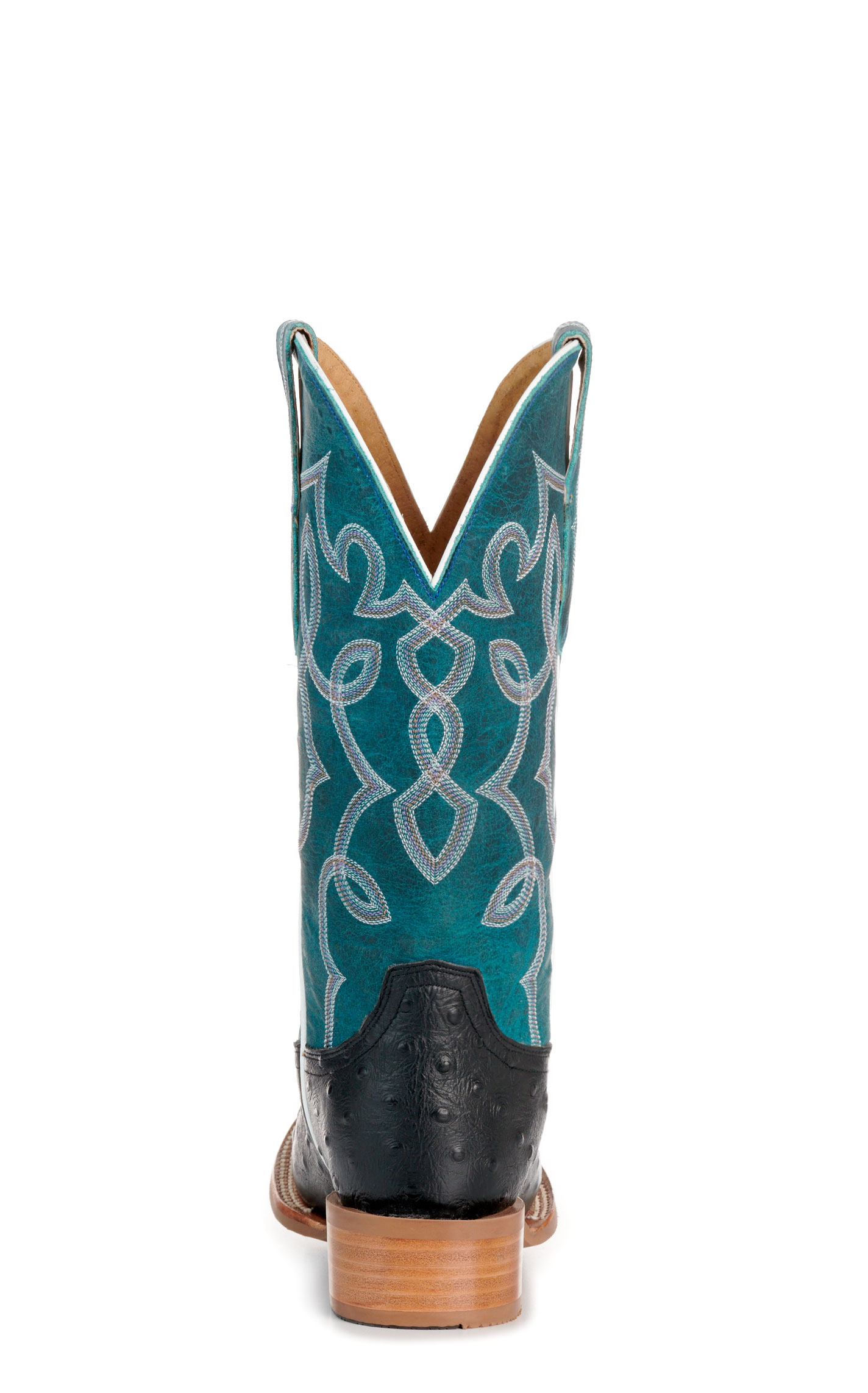 Cavender’s Women’s Intrepid Black Ostrich Print and Turquoise Wide Square Toe Cowboy Boots  - Image 1