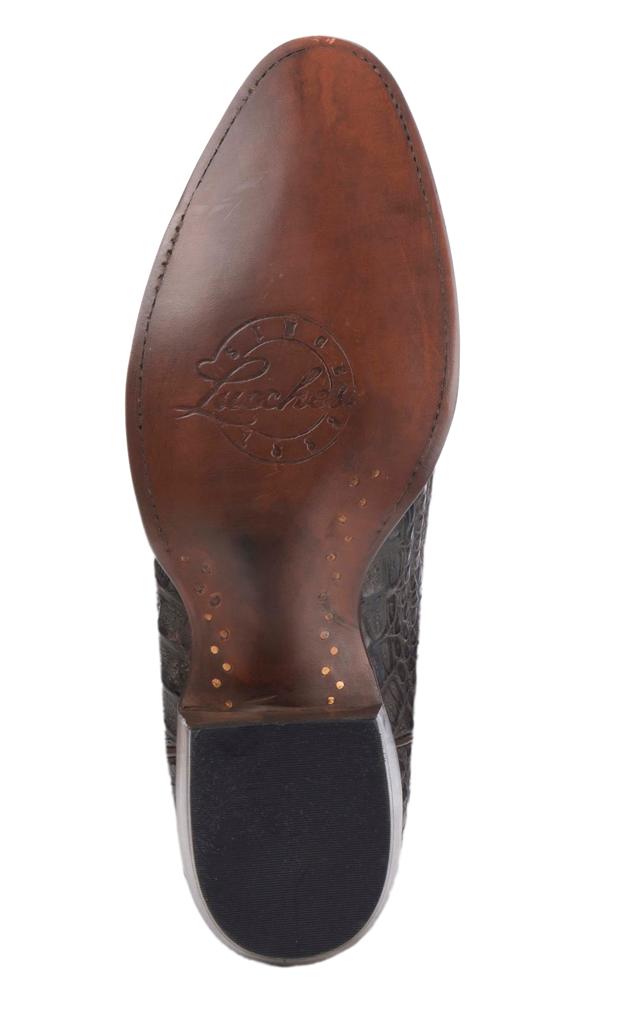 Lucchese Men's Chocolate and Barrel Brown Hornback Caiman R-Toe Exotic Western Boots - Image 1