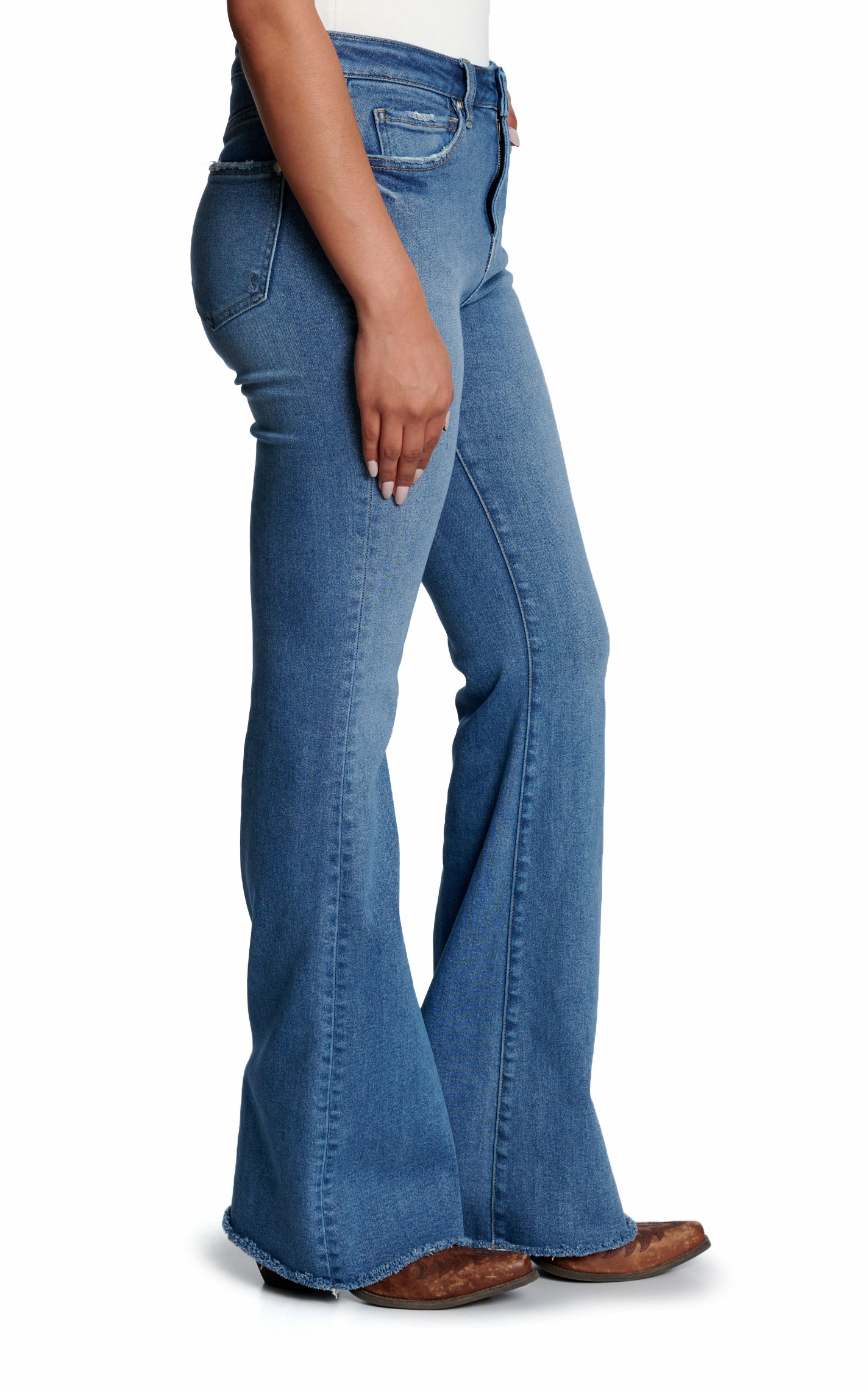 Rockin' C Women's Light Wash High Rise Distress Flare Jeans - Image 1
