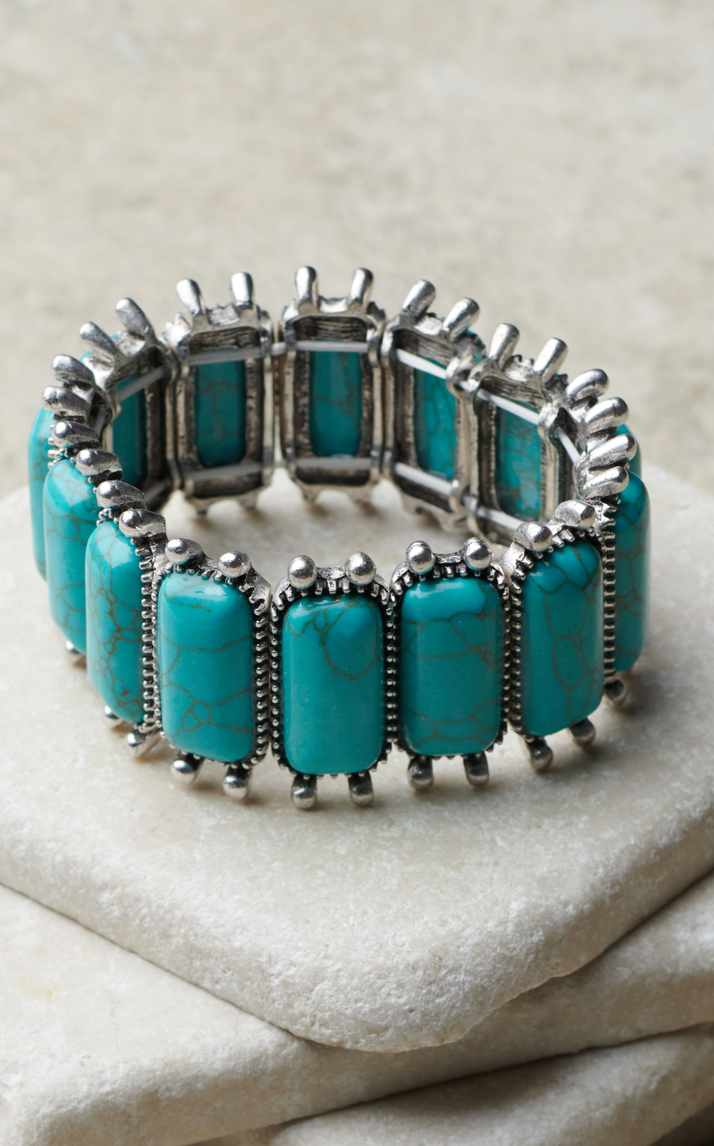 Rockin' C Silver & Turquoise Rectangular Stone Stretch Bracelet - Image 1