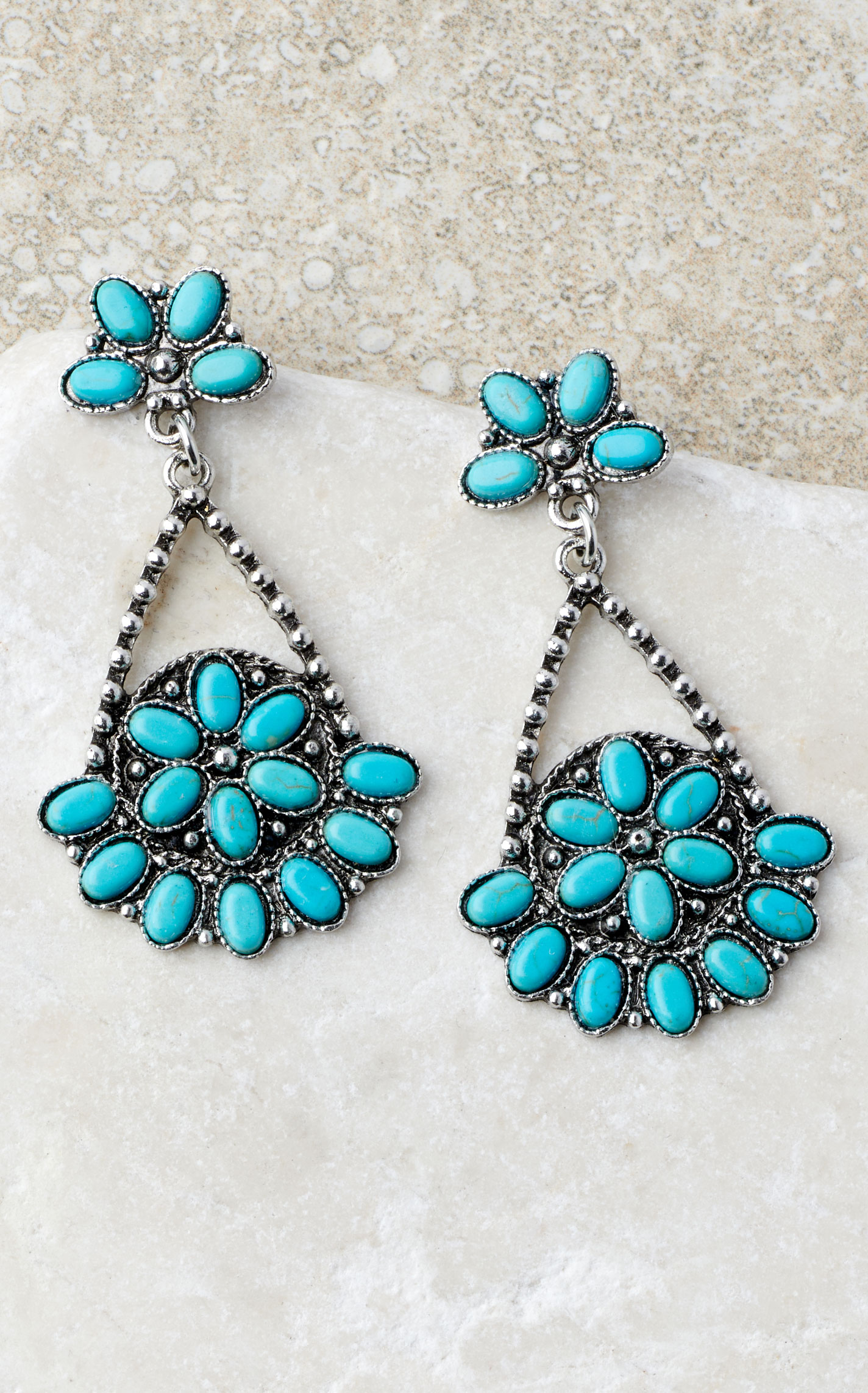 Rockin C Silver & Turquoise Stone Flowers & Teardrop Earrings - Image 1