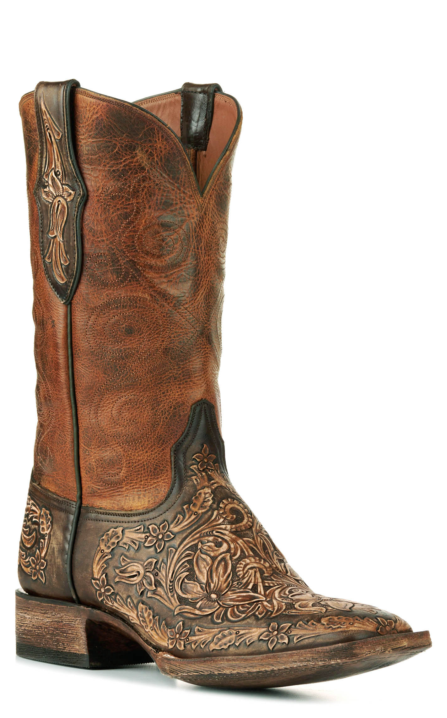 Black Jack Men's Brandy and Antique Brown Hand Tooled Wide Square Toe Cowboy Boots - Image 1