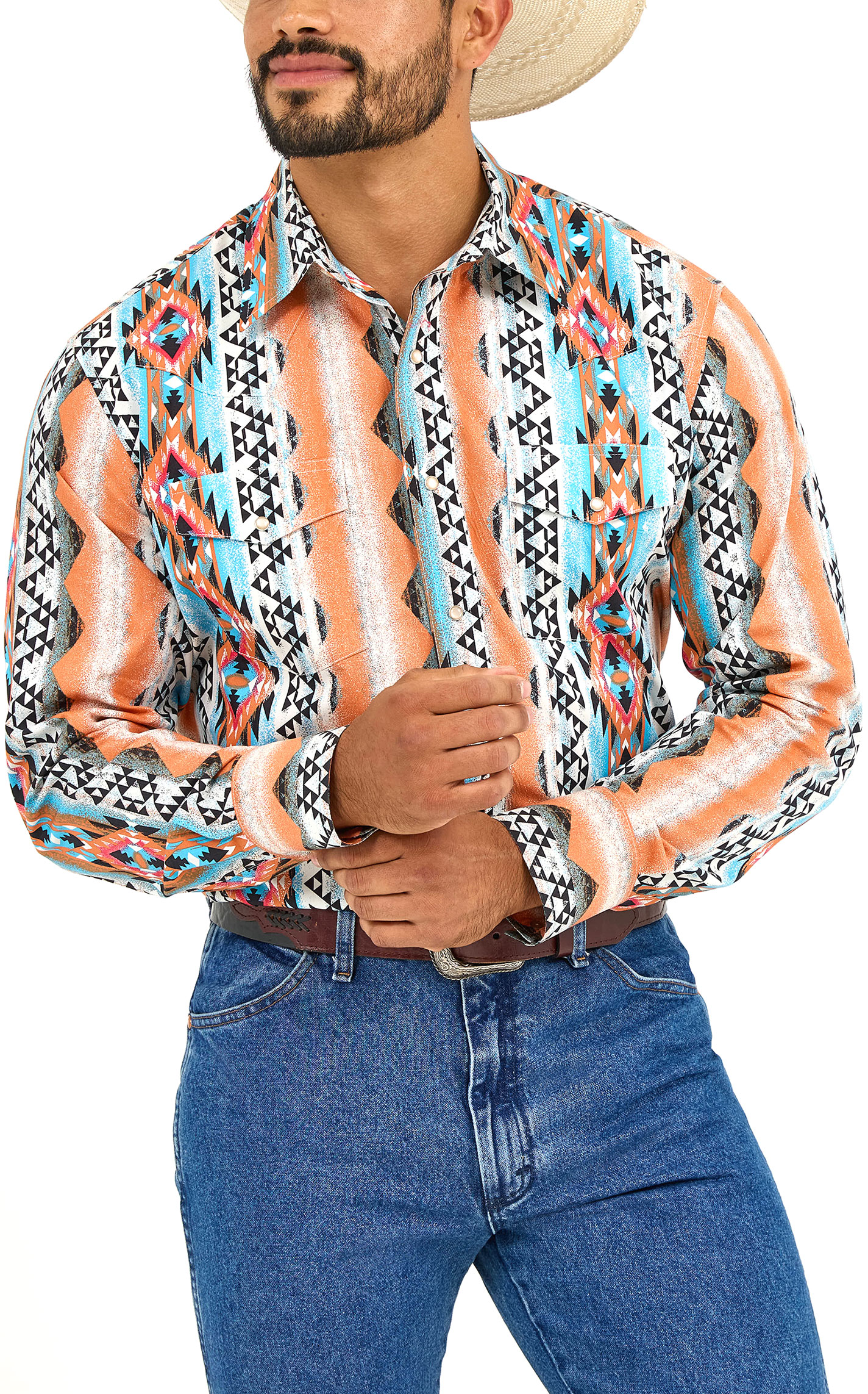 Checotah Men's Multi Color Aztec Stripe Western Shirt - Image 1