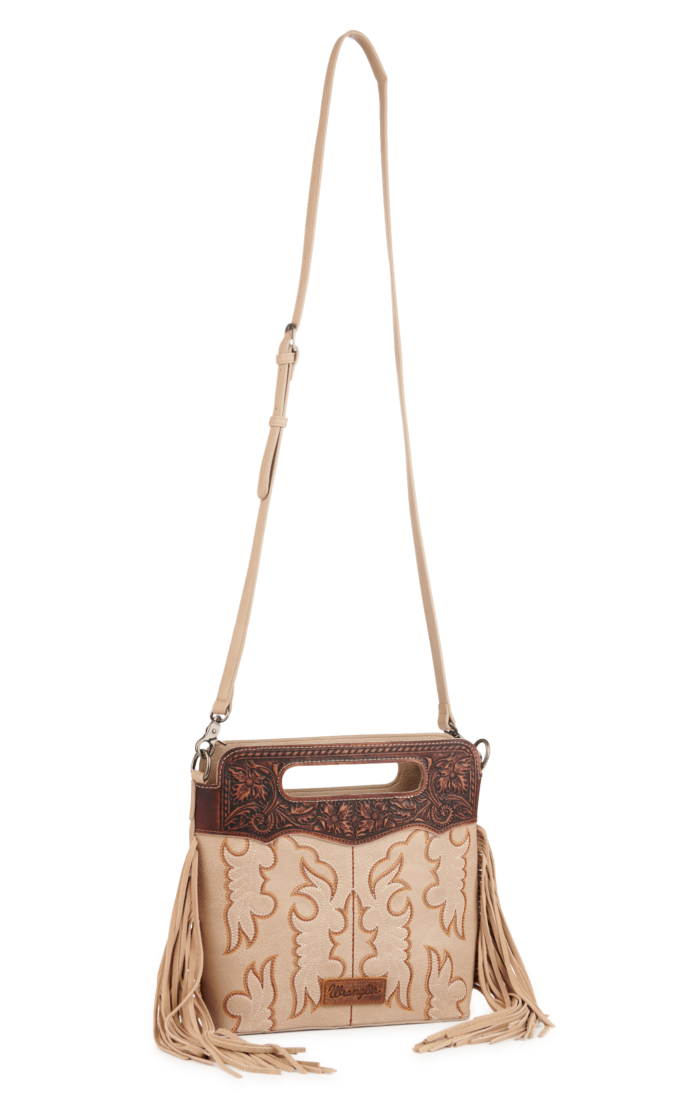 Wrangler Latte Tooled Floral Handle & Fringe Boot-Stitch Accent Concealed Carry Crossbody Bag - Image 1