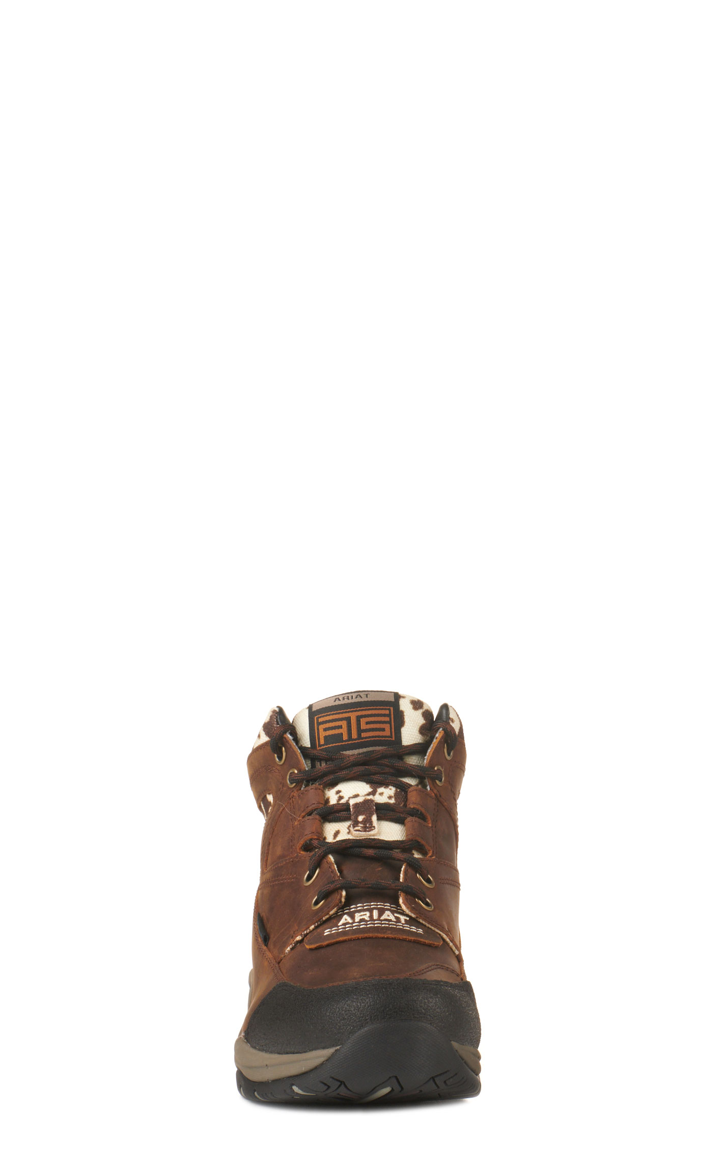 Ariat Women's Terrain Distressed Brown and Cow Print Waterproof Round Toe Lace Up Shoe - Image 1