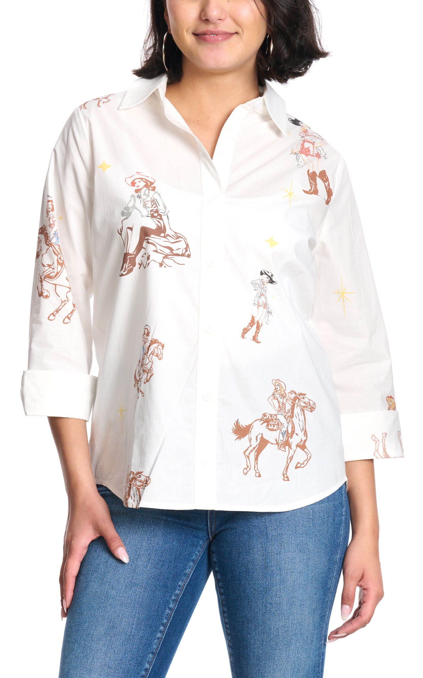 Rockin C Women's White Vintage Cowgirl Print Top - Image 1