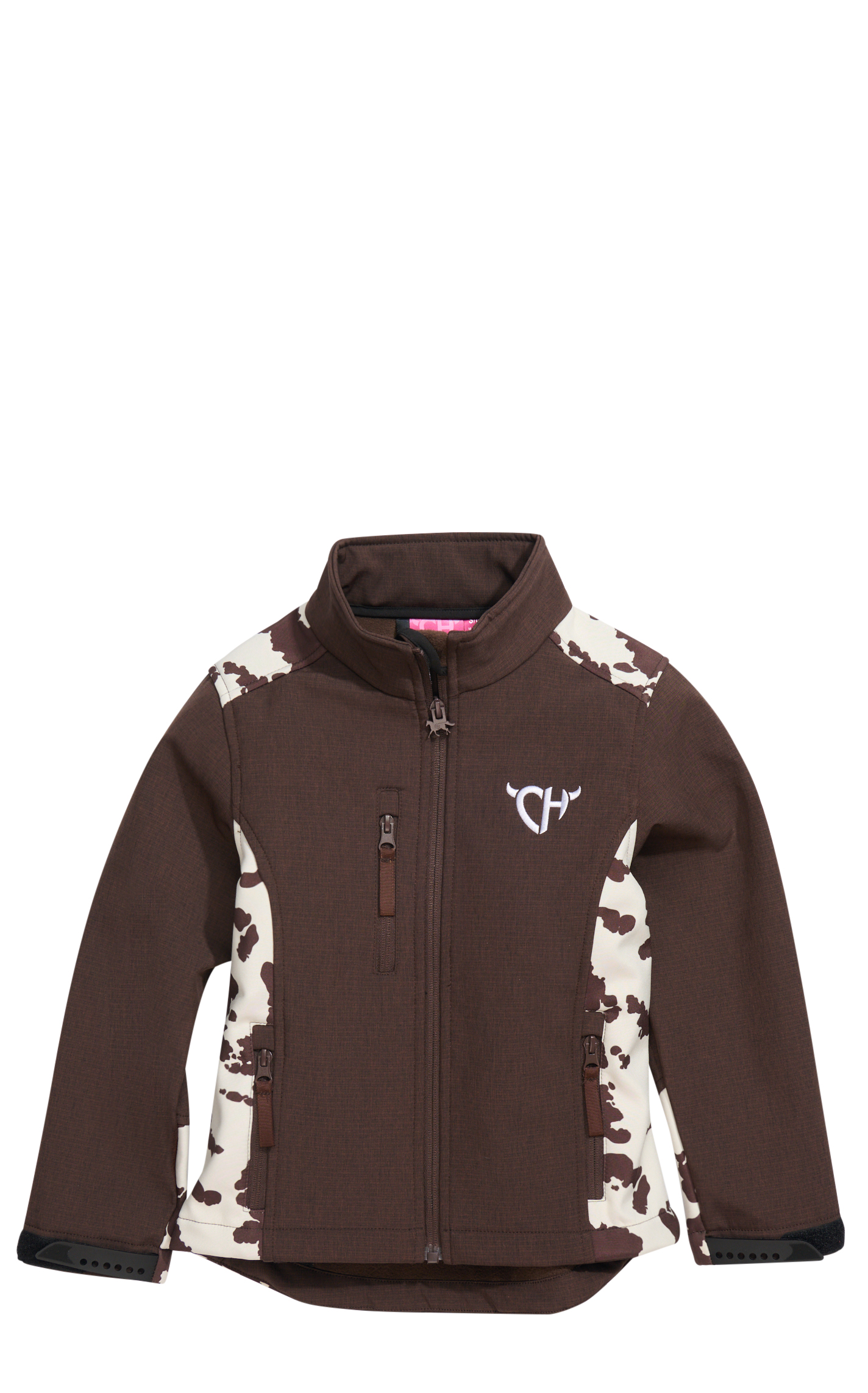 Cowgirl Hardware Girl's Chocolate & Cream Cow Print Softshell Jacket - Image 1